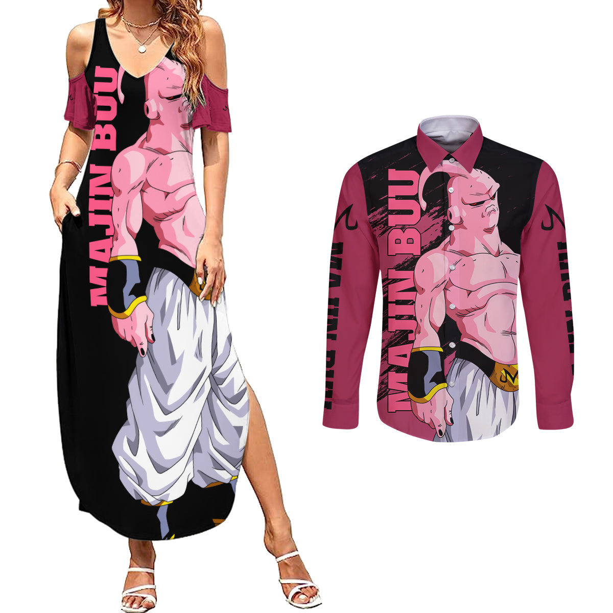 Skinny Majin Buu Couples Matching Summer Maxi Dress and Long Sleeve Button Shirt