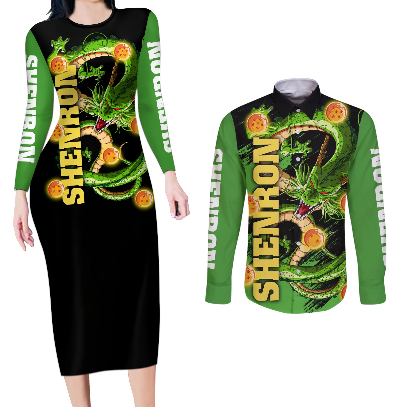 Dragon Shenron Couples Matching Long Sleeve Bodycon Dress and Long Sleeve Button Shirt