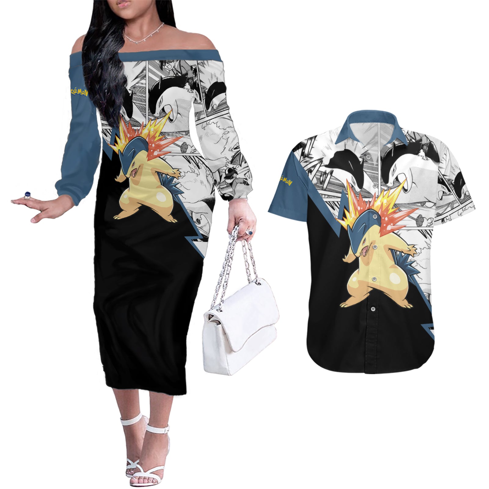 Typhlosion Mix Manga Couples Matching Off The Shoulder Long Sleeve Dress and Hawaiian Shirt