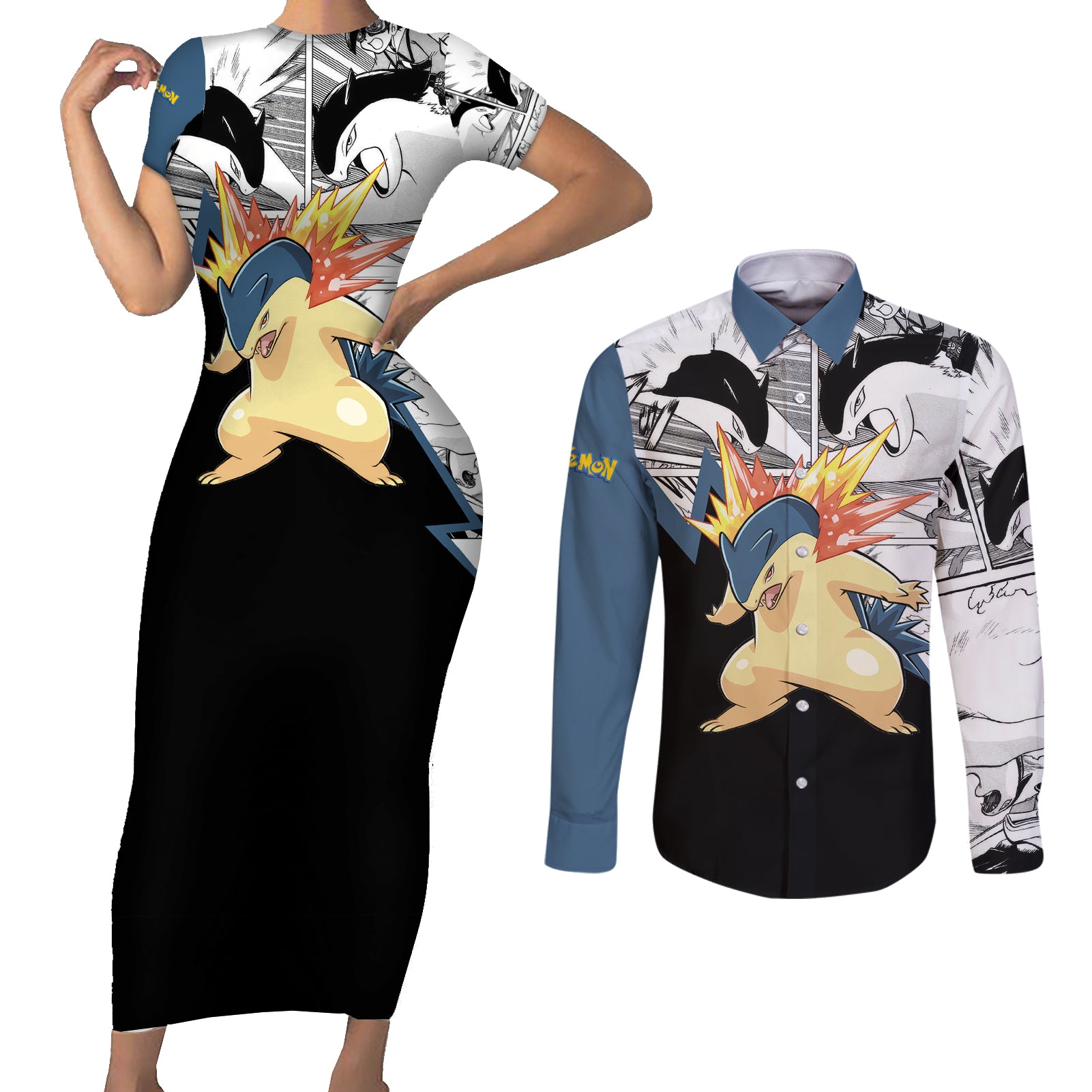 Typhlosion Mix Manga Couples Matching Short Sleeve Bodycon Dress and Long Sleeve Button Shirt