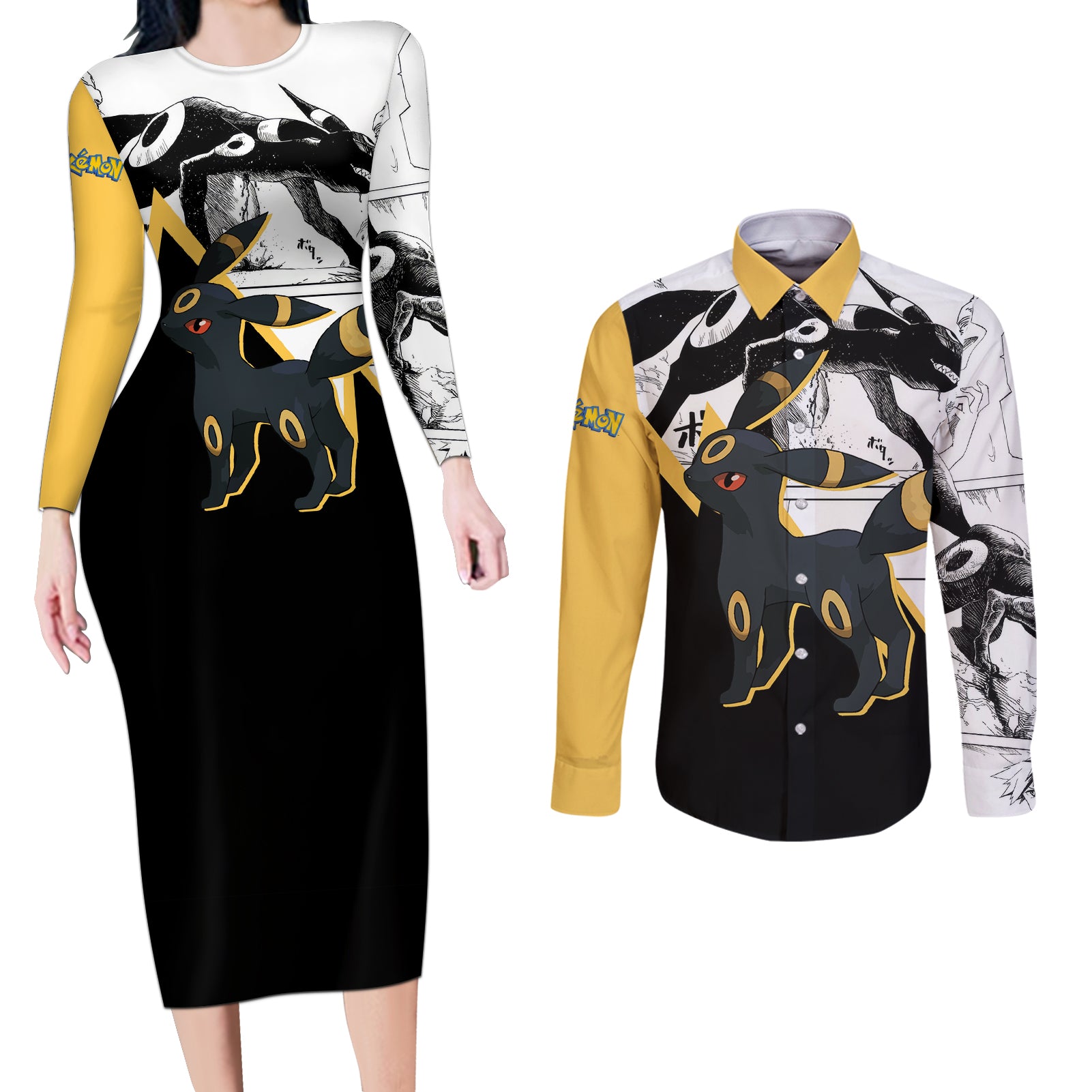 Umbreon Mix Manga Couples Matching Long Sleeve Bodycon Dress and Long Sleeve Button Shirt