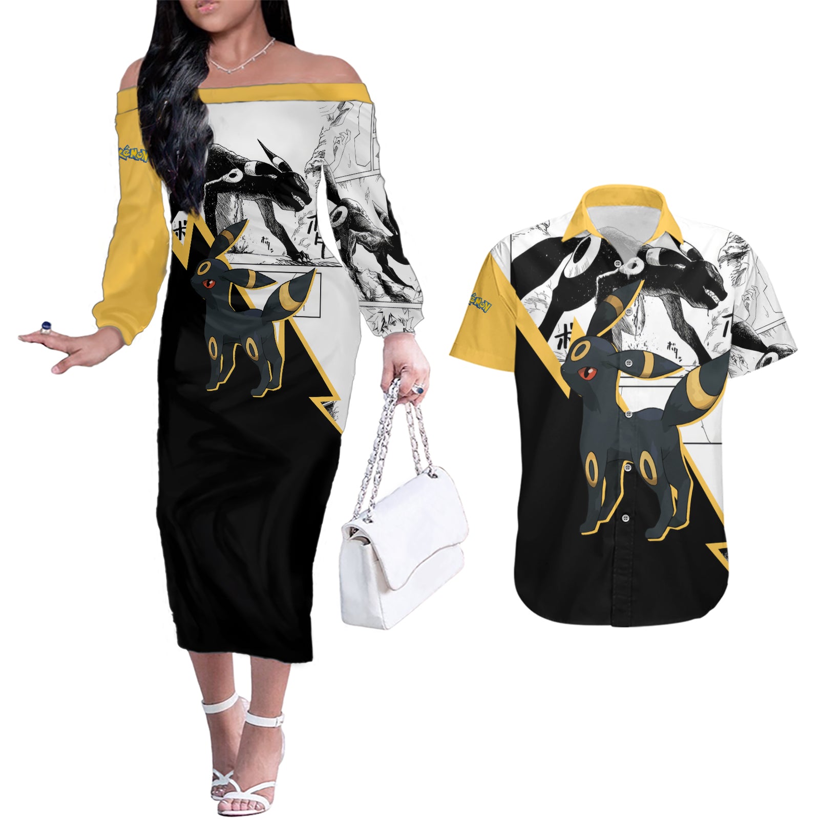 Umbreon Mix Manga Couples Matching Off The Shoulder Long Sleeve Dress and Hawaiian Shirt