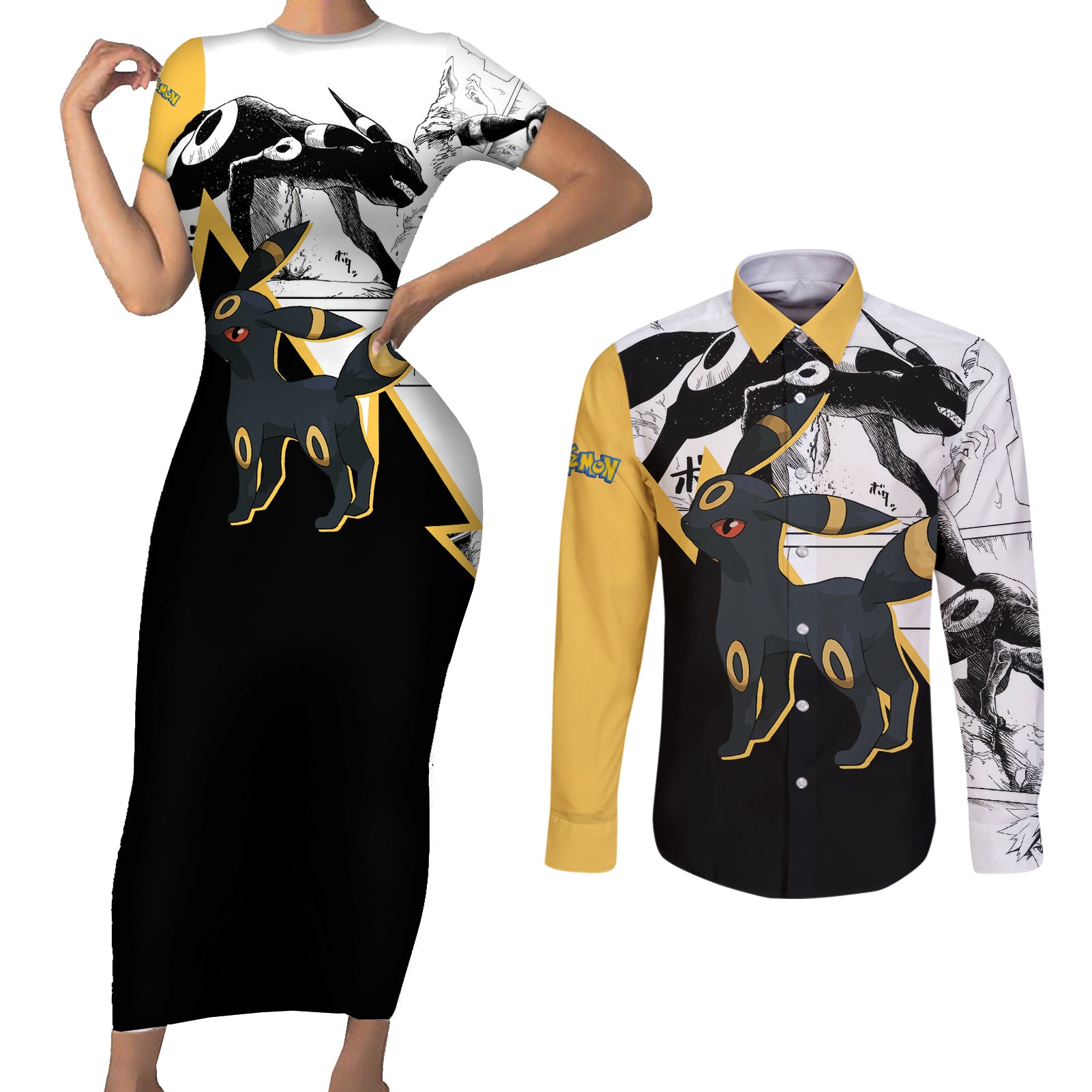 Umbreon Mix Manga Couples Matching Short Sleeve Bodycon Dress and Long Sleeve Button Shirt