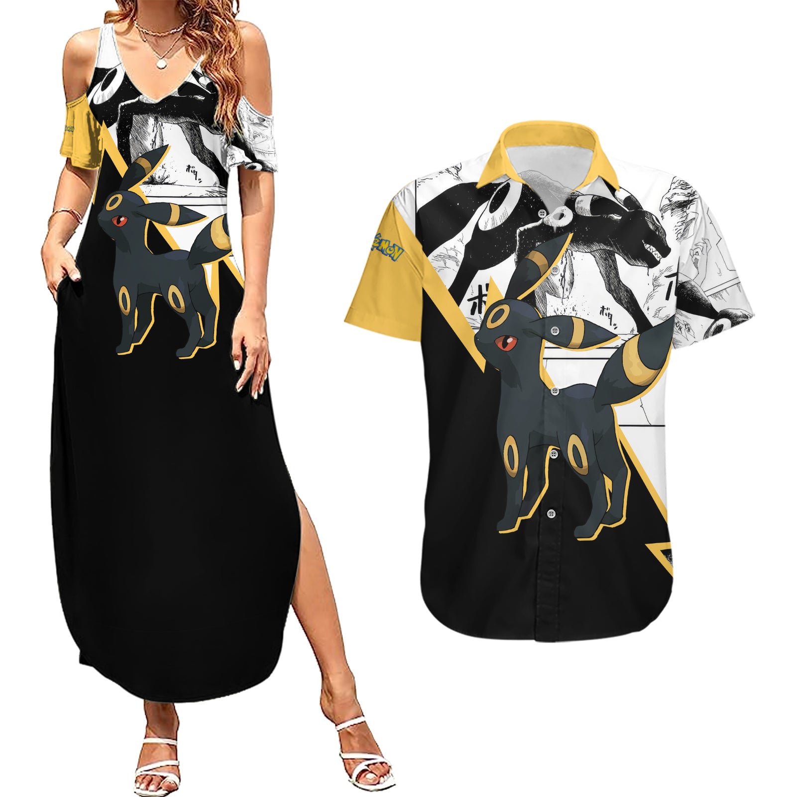 Umbreon Mix Manga Couples Matching Summer Maxi Dress and Hawaiian Shirt