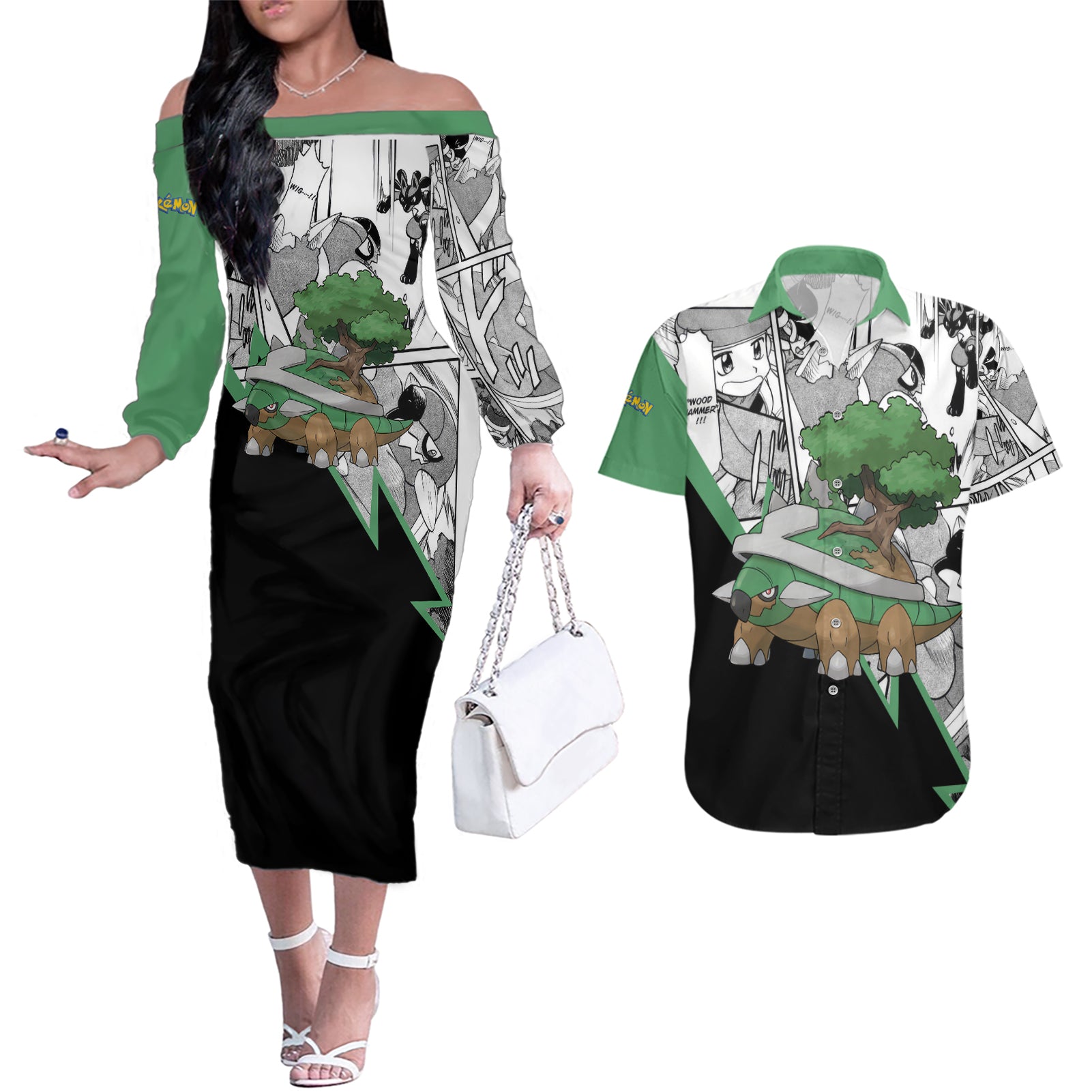 Torterra Anime Couples Matching Off The Shoulder Long Sleeve Dress and Hawaiian Shirt