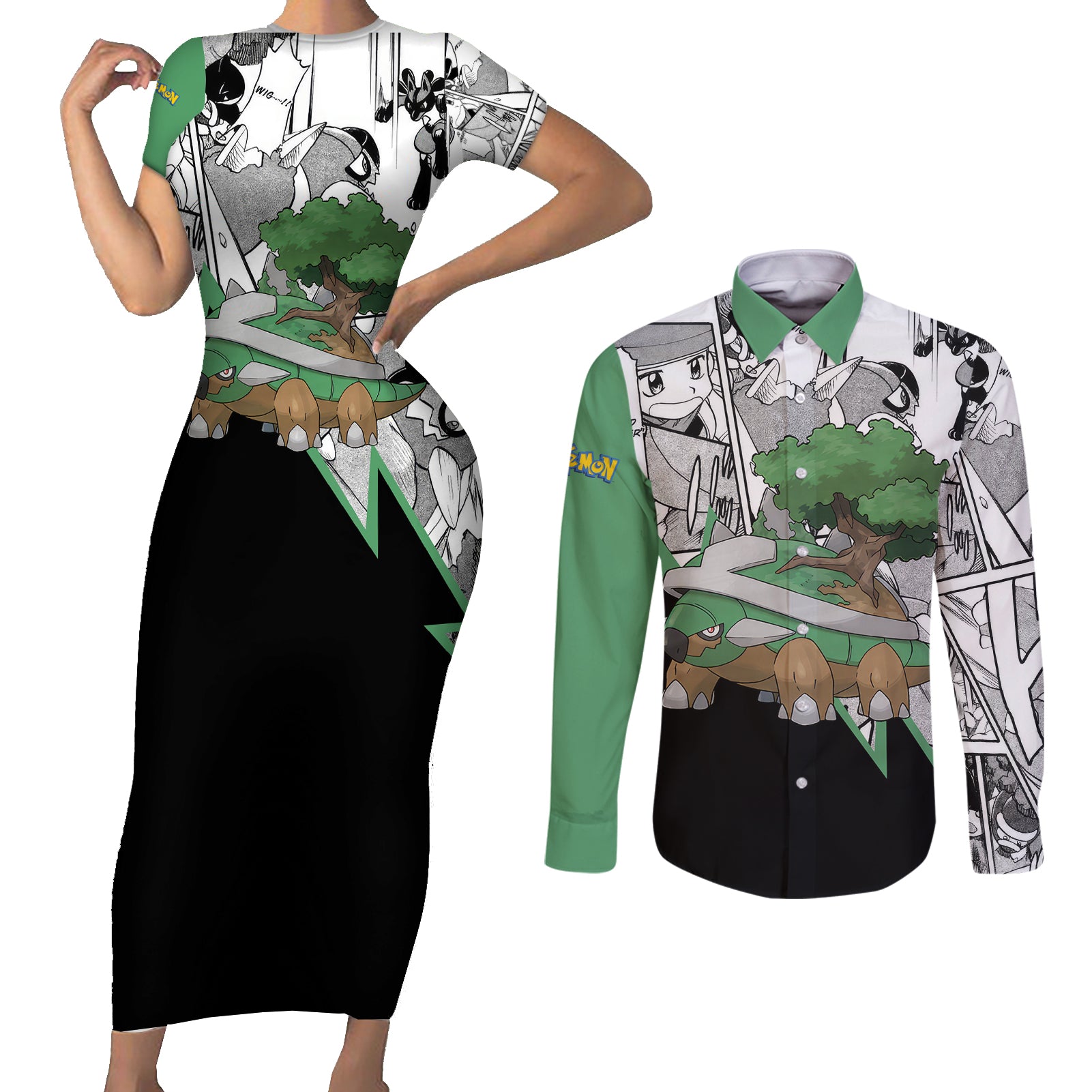 Torterra Anime Couples Matching Short Sleeve Bodycon Dress and Long Sleeve Button Shirt