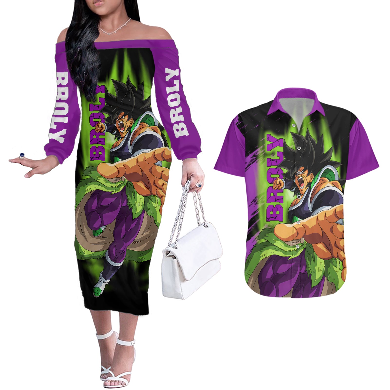 Super Broly Couples Matching Off The Shoulder Long Sleeve Dress and Hawaiian Shirt