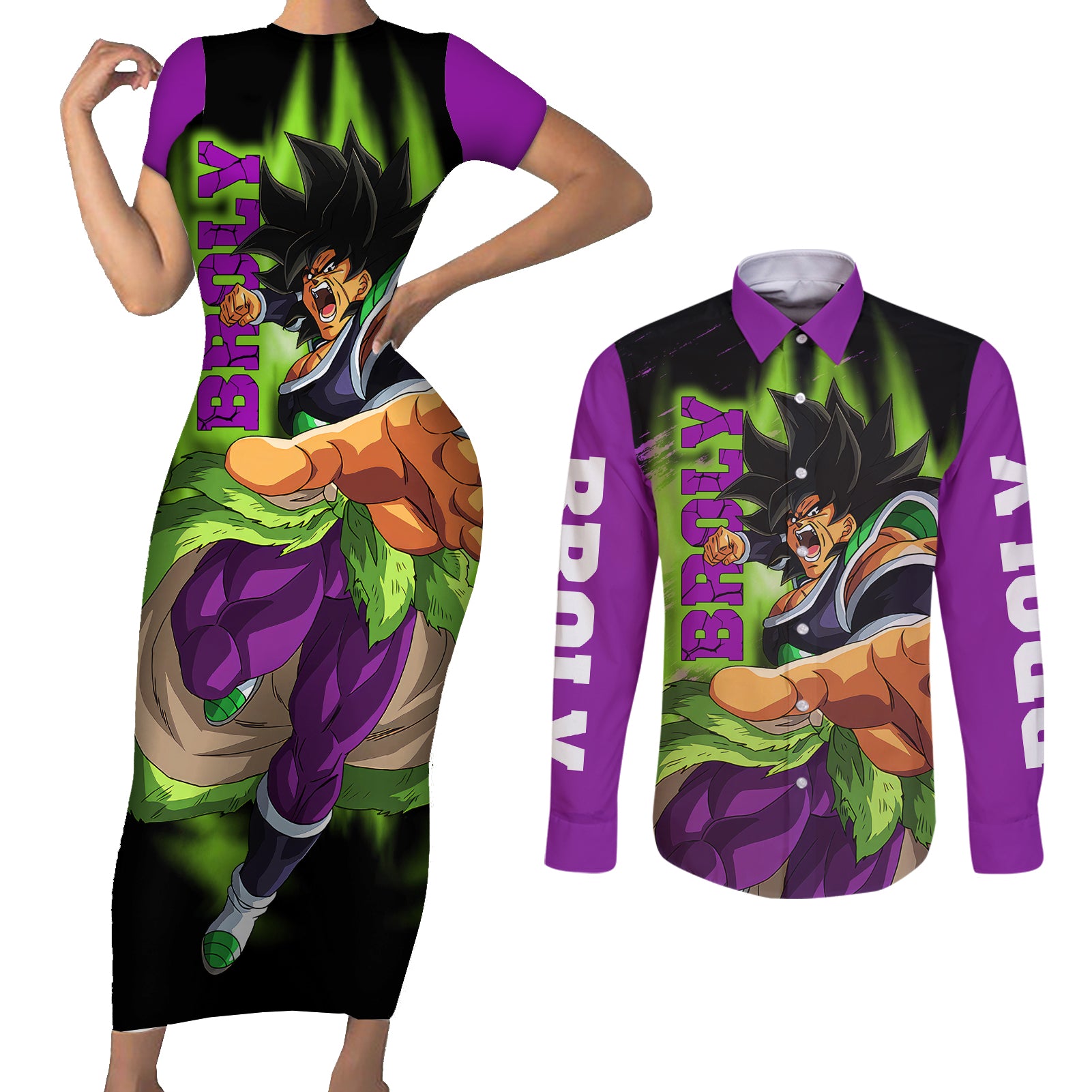 Super Broly Couples Matching Short Sleeve Bodycon Dress and Long Sleeve Button Shirt