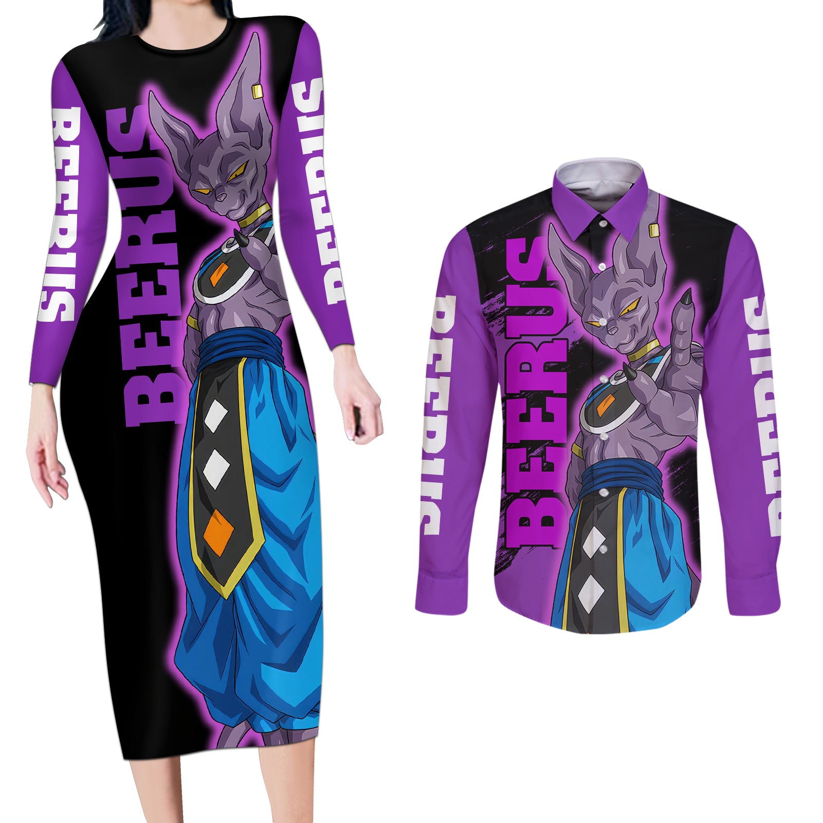 Beerus Dragon Ball Couples Matching Long Sleeve Bodycon Dress and Long Sleeve Button Shirt