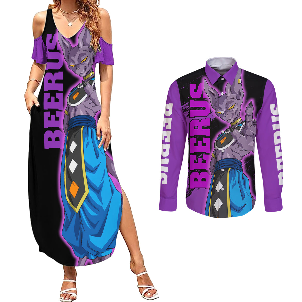 Beerus Dragon Ball Couples Matching Summer Maxi Dress and Long Sleeve Button Shirt