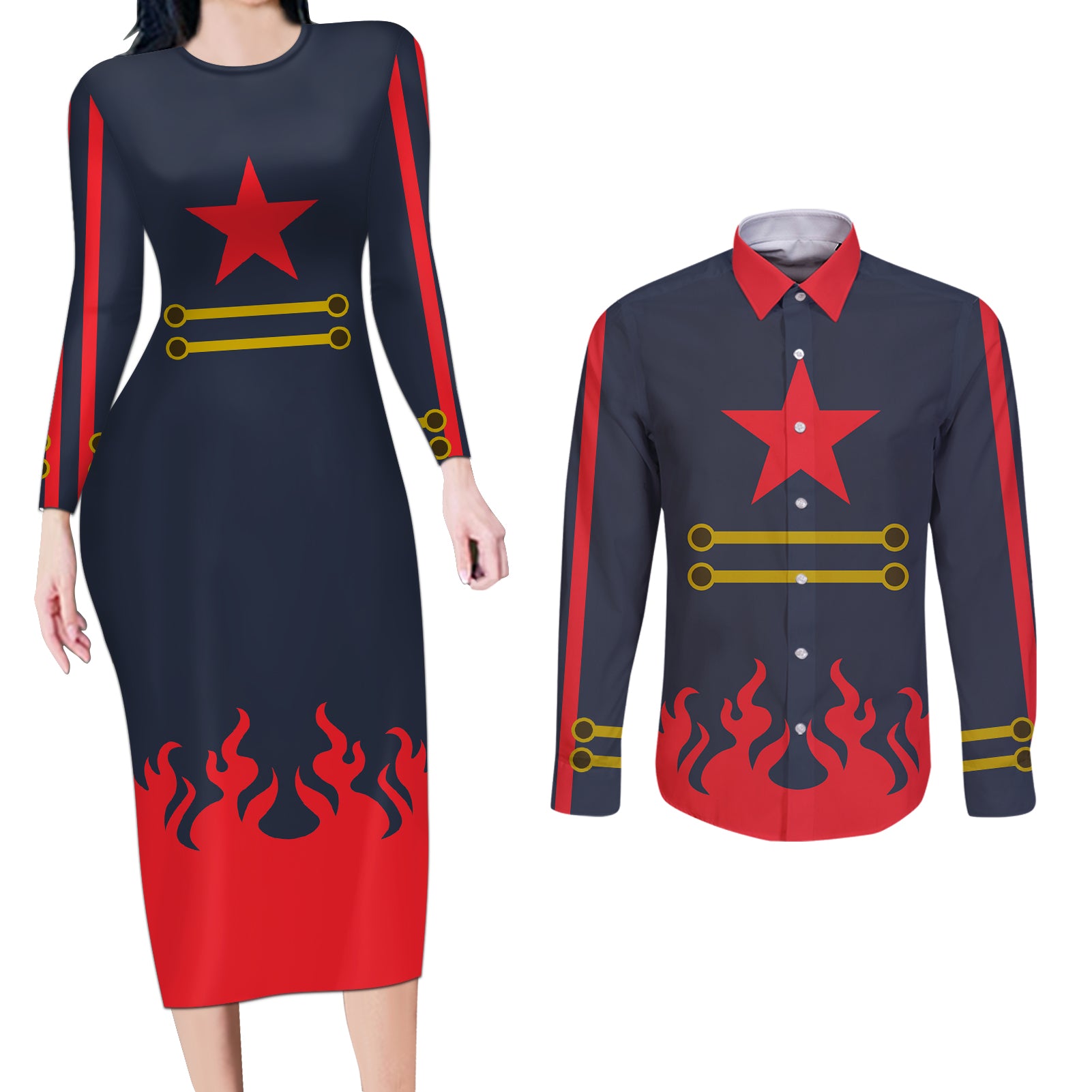 Gurren Lagann Simon Couples Matching Long Sleeve Bodycon Dress and Long Sleeve Button Shirt