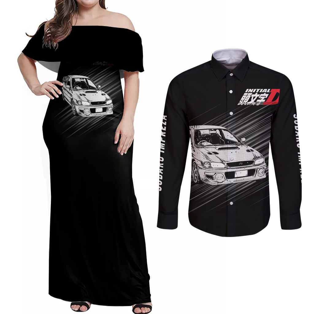 Bunta Fujiwara Impreza Initial D Couples Matching Off Shoulder Maxi Dress and Long Sleeve Button Shirt Manga Mix Anime Style