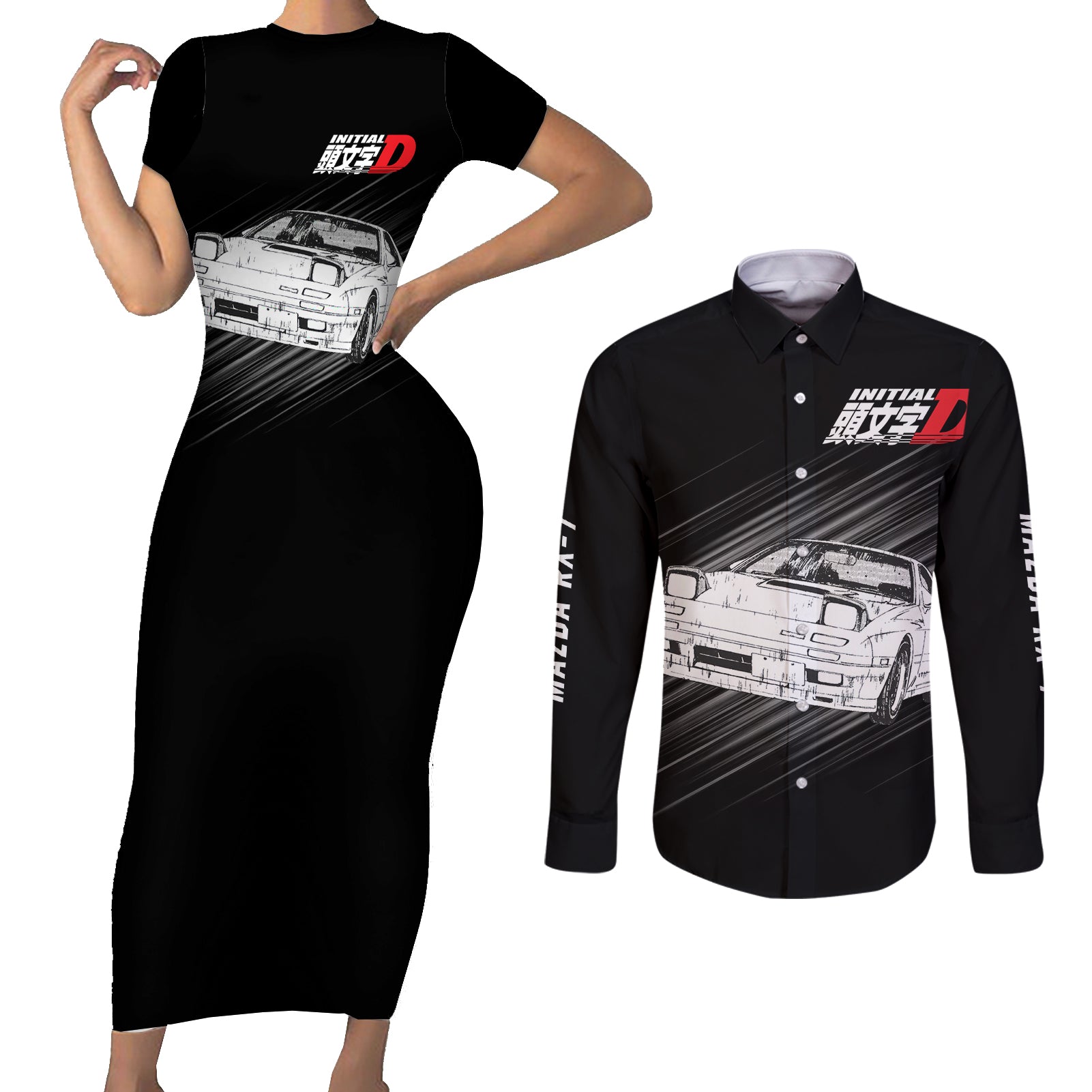 Keisuke Takahashi RX-7 Initial D Couples Matching Short Sleeve Bodycon Dress and Long Sleeve Button Shirt Manga Mix Anime Style