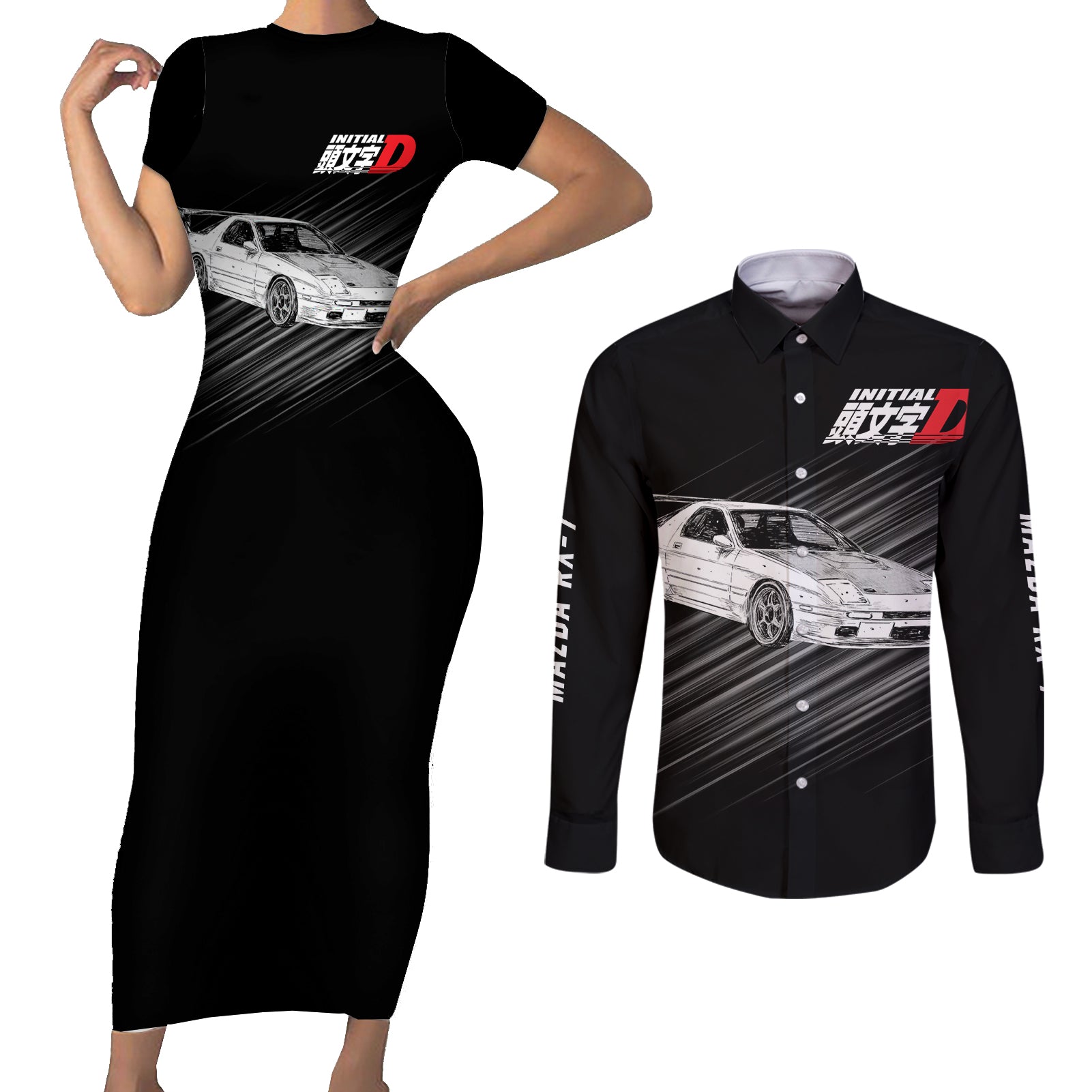 Ryosuke Takahashi RX-7 Initial D Couples Matching Short Sleeve Bodycon Dress and Long Sleeve Button Shirt Manga Mix Anime Style