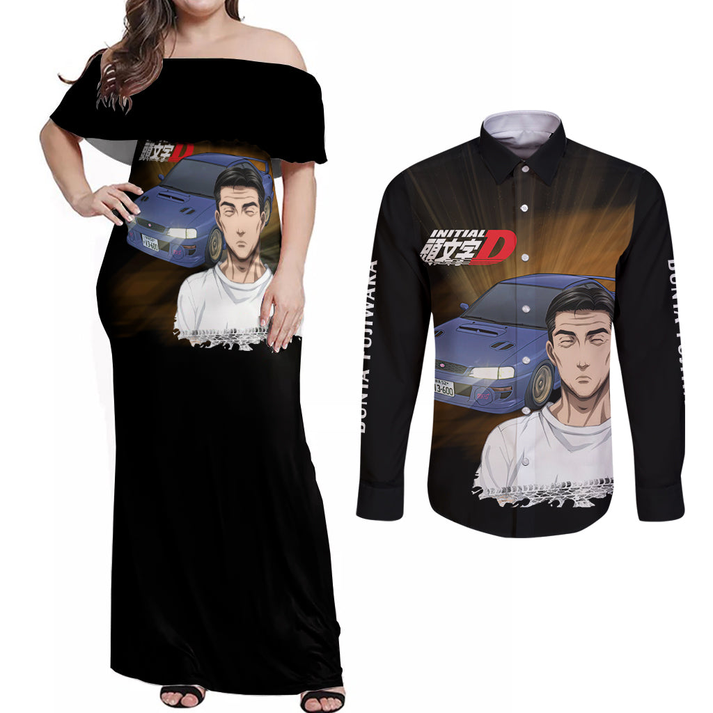 Bunta Fujiwara Initial D Couples Matching Off Shoulder Maxi Dress and Long Sleeve Button Shirt Manga Mix Anime Style