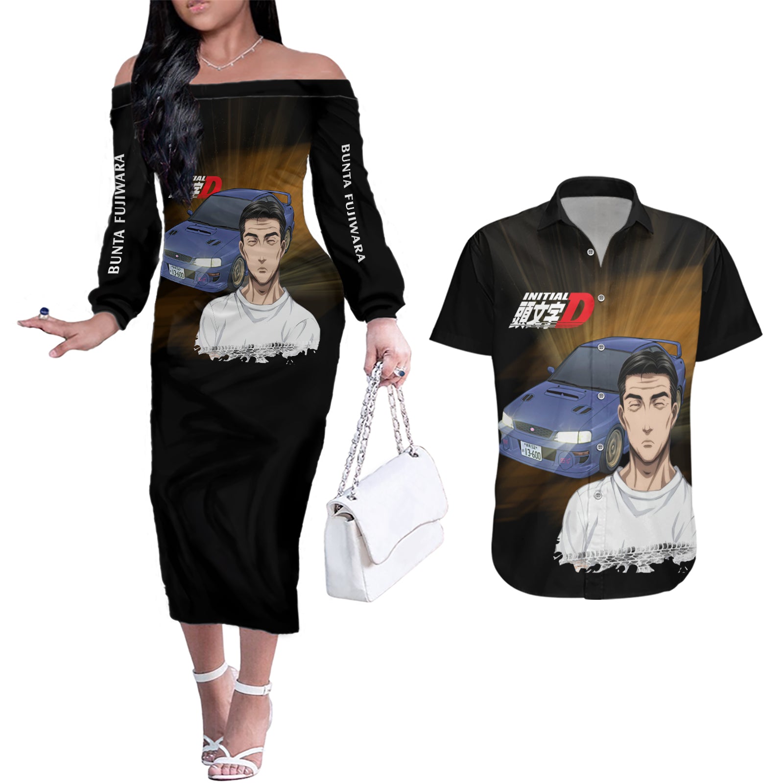 Bunta Fujiwara Initial D Couples Matching Off The Shoulder Long Sleeve Dress and Hawaiian Shirt Manga Mix Anime Style