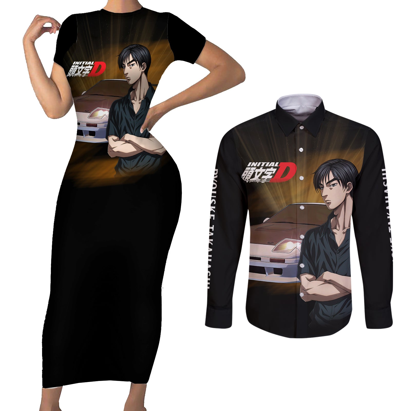 Ryouske Takahashi Initial D Couples Matching Short Sleeve Bodycon Dress and Long Sleeve Button Shirt Manga Mix Anime Style