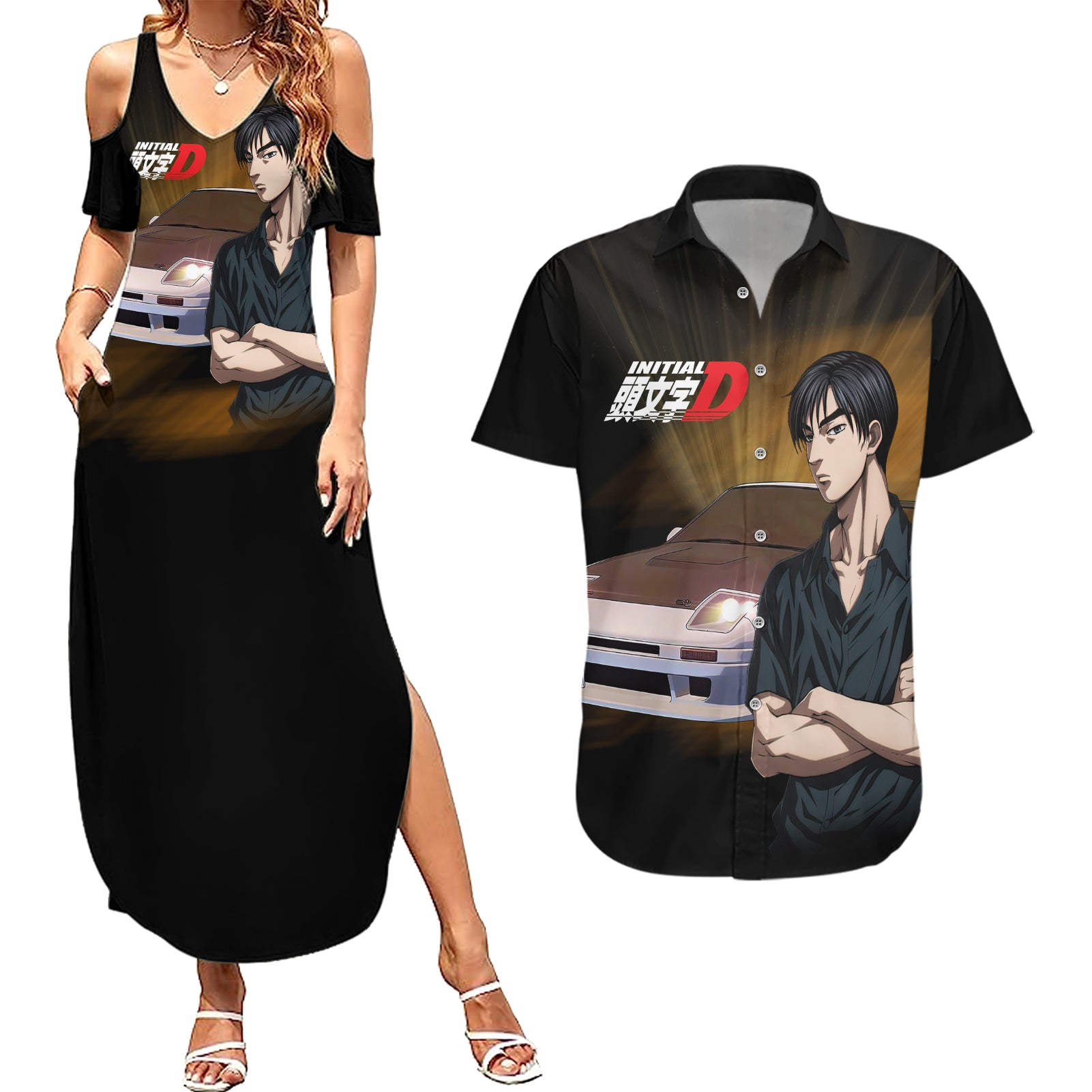 Ryouske Takahashi Initial D Couples Matching Summer Maxi Dress and Hawaiian Shirt Manga Mix Anime Style