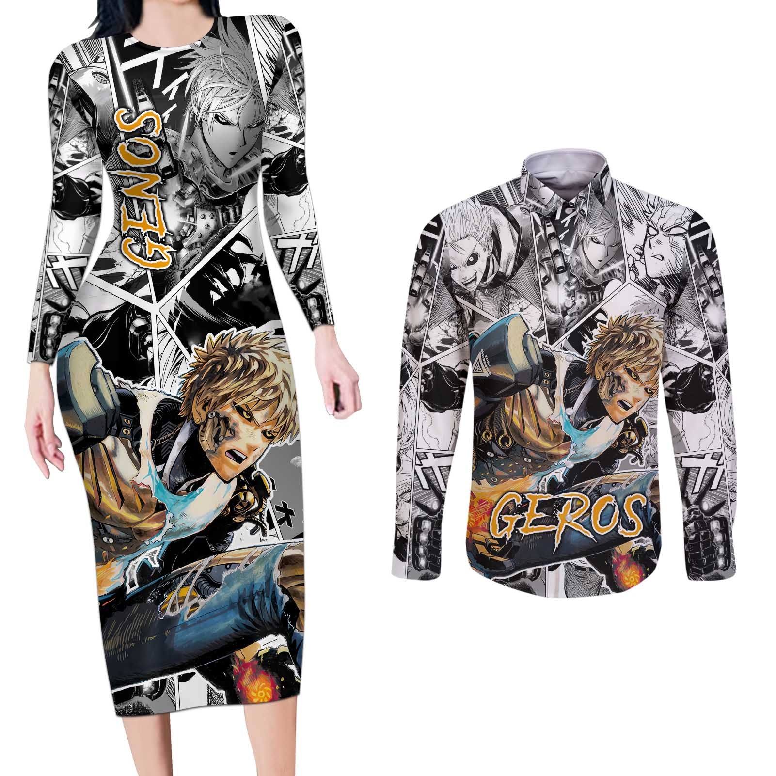 Genos - One Punch Man Couples Matching Long Sleeve Bodycon Dress and Long Sleeve Button Shirt Anime Mix Manga Style