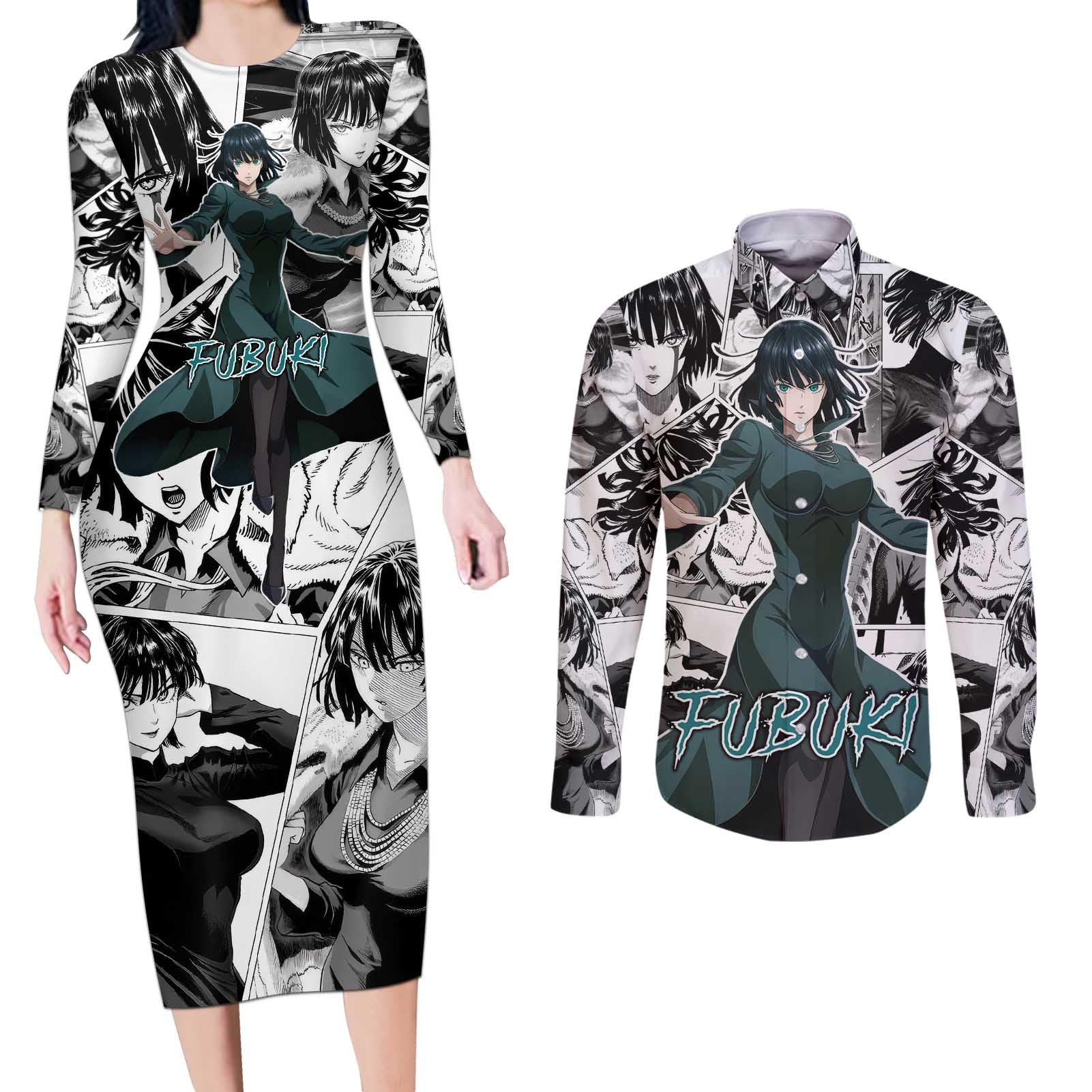 Fubuki - One Punch Man Couples Matching Long Sleeve Bodycon Dress and Long Sleeve Button Shirt Anime Mix Manga Style