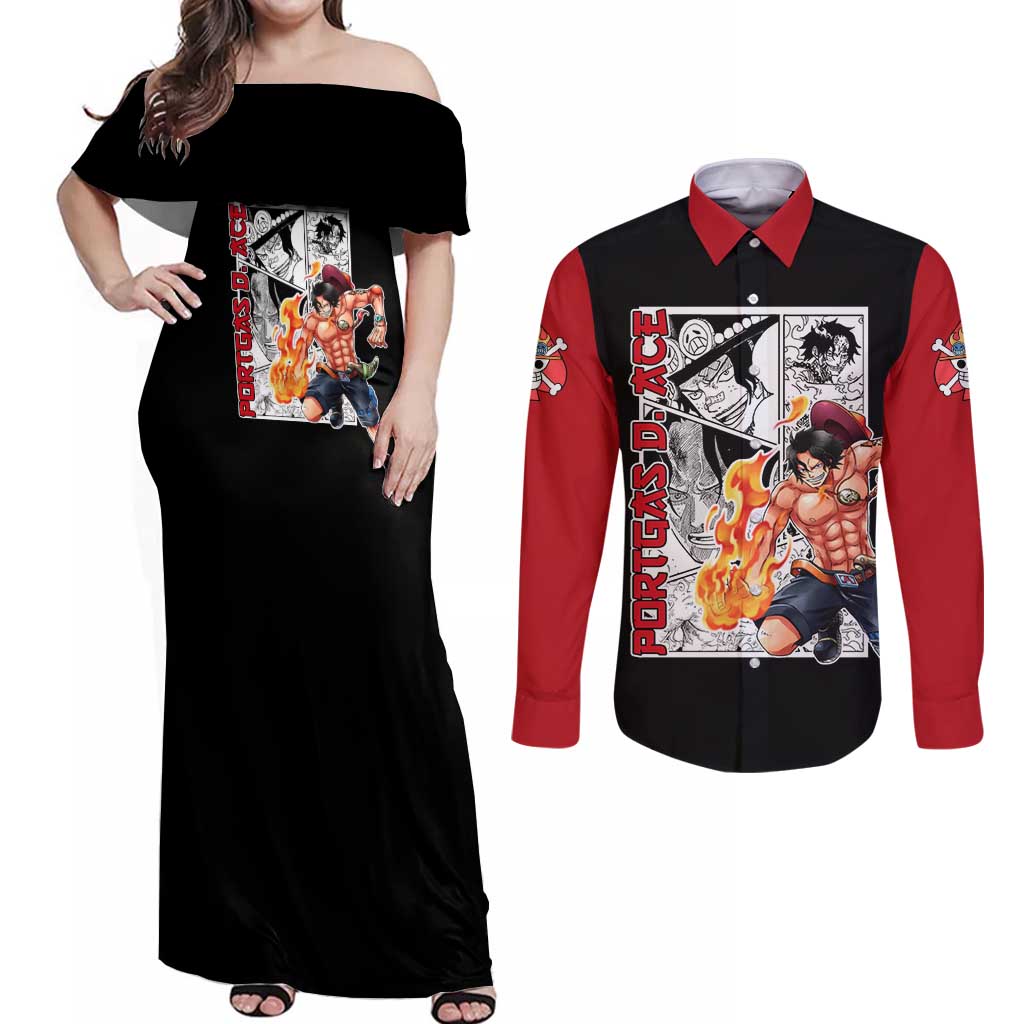 Portgas D.Ace - One Piece Couples Matching Off Shoulder Maxi Dress and Long Sleeve Button Shirt Anime Mix Manga Style