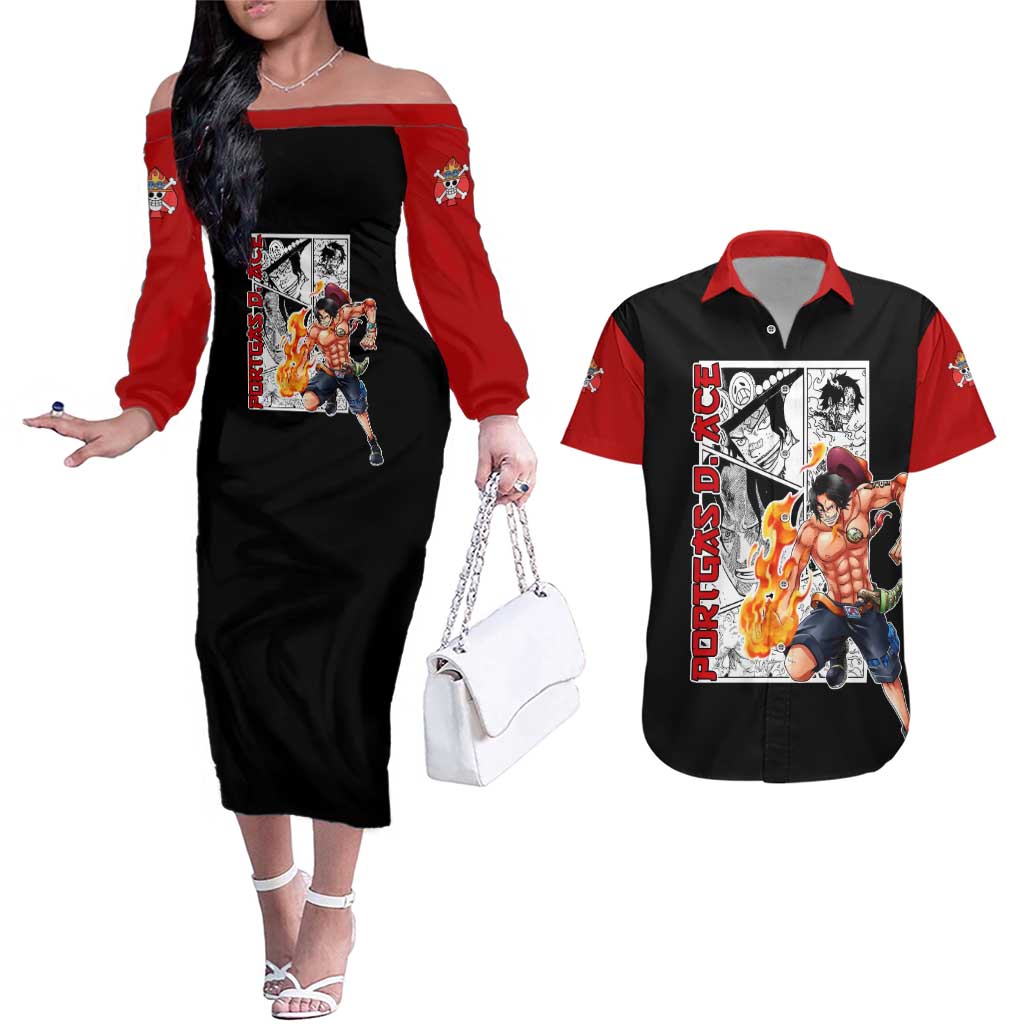 Portgas D.Ace - One Piece Couples Matching Off The Shoulder Long Sleeve Dress and Hawaiian Shirt Anime Mix Manga Style