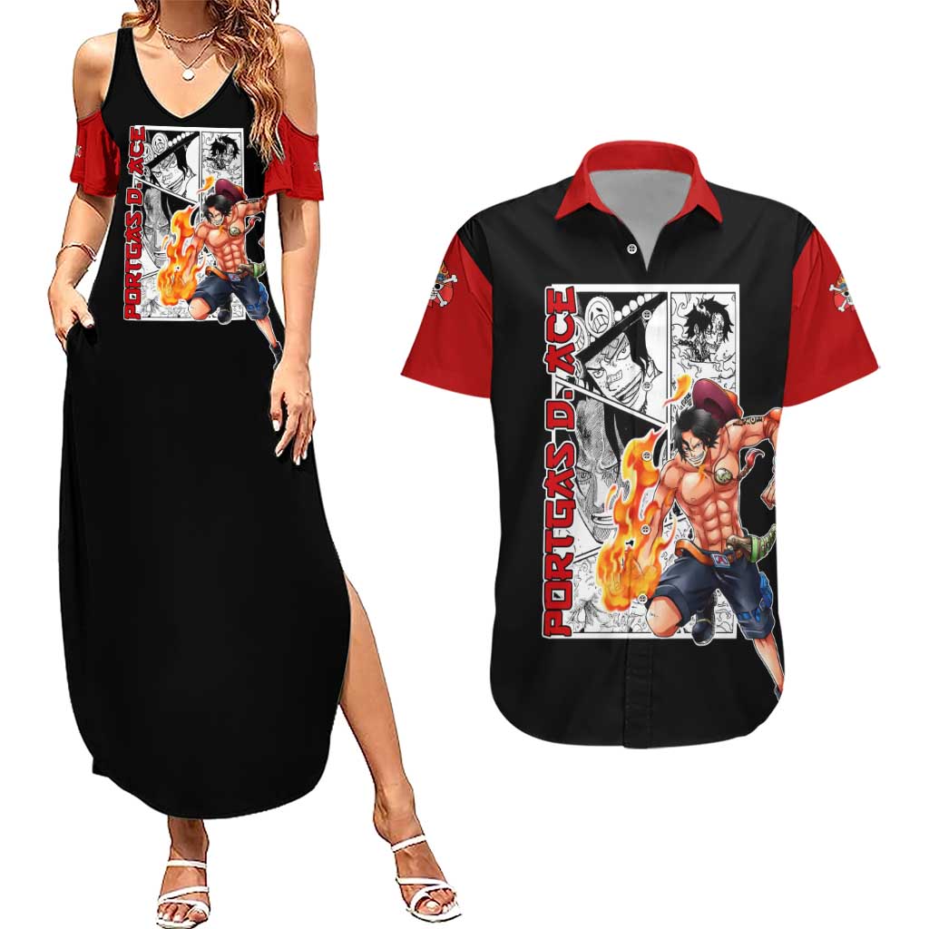 Portgas D.Ace - One Piece Couples Matching Summer Maxi Dress and Hawaiian Shirt Anime Mix Manga Style