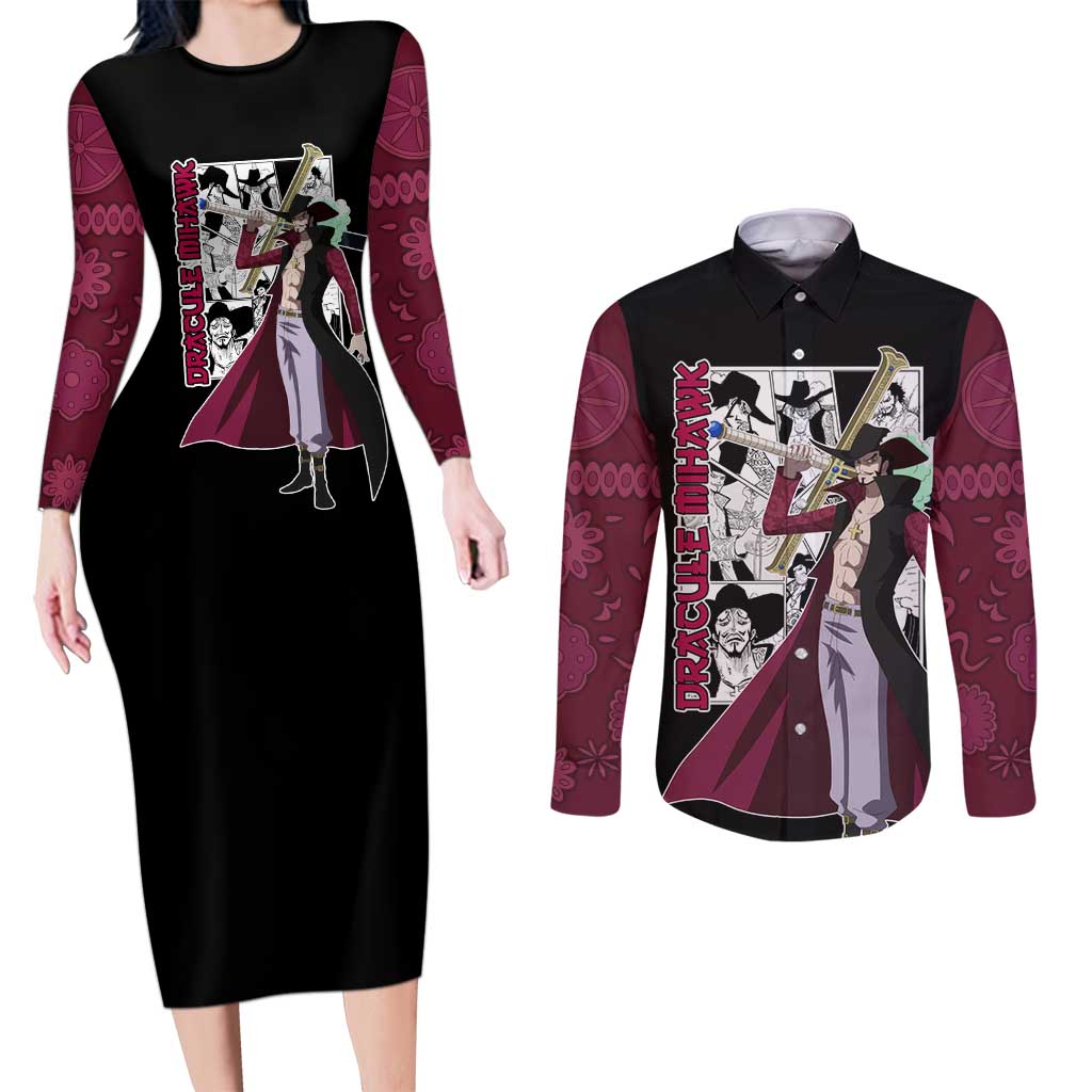 Dracule Mihawk - One Piece Couples Matching Long Sleeve Bodycon Dress and Long Sleeve Button Shirt Anime Mix Manga Style