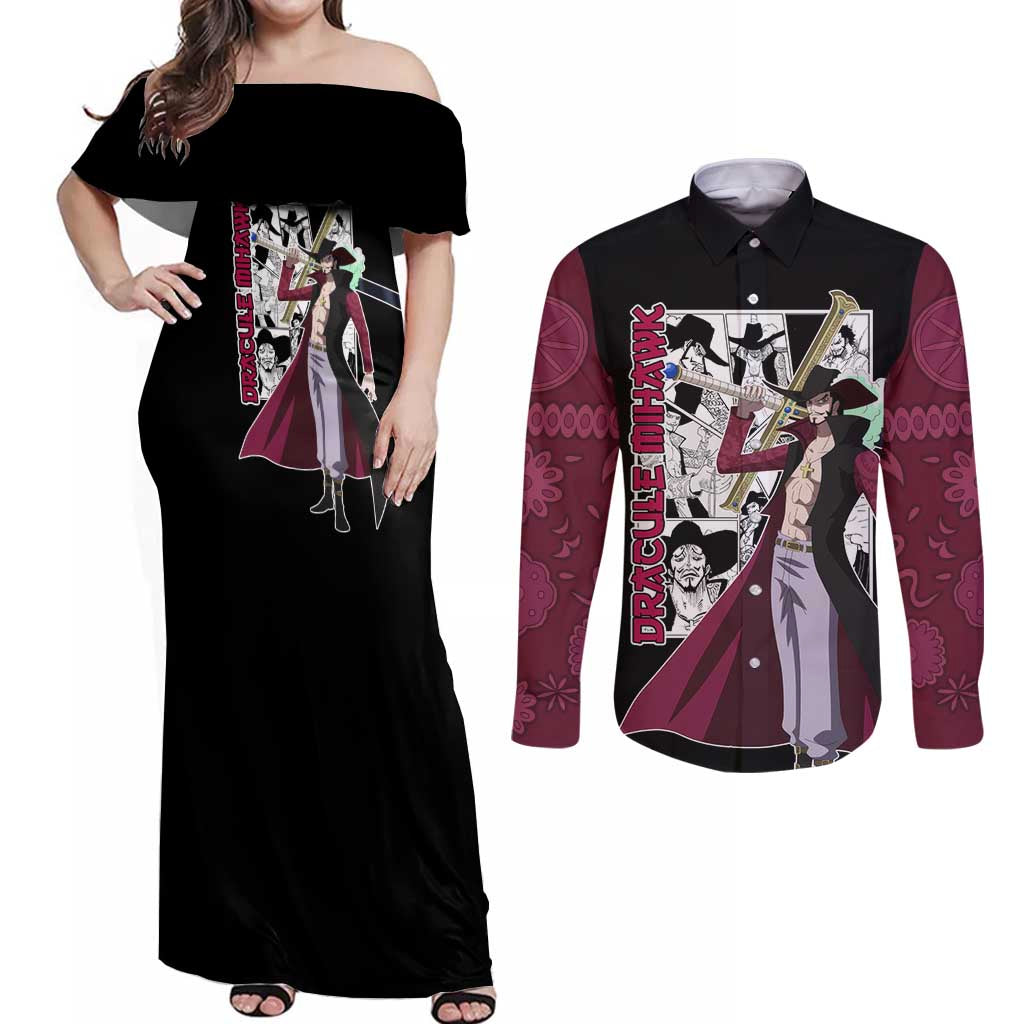 Dracule Mihawk - One Piece Couples Matching Off Shoulder Maxi Dress and Long Sleeve Button Shirt Anime Mix Manga Style