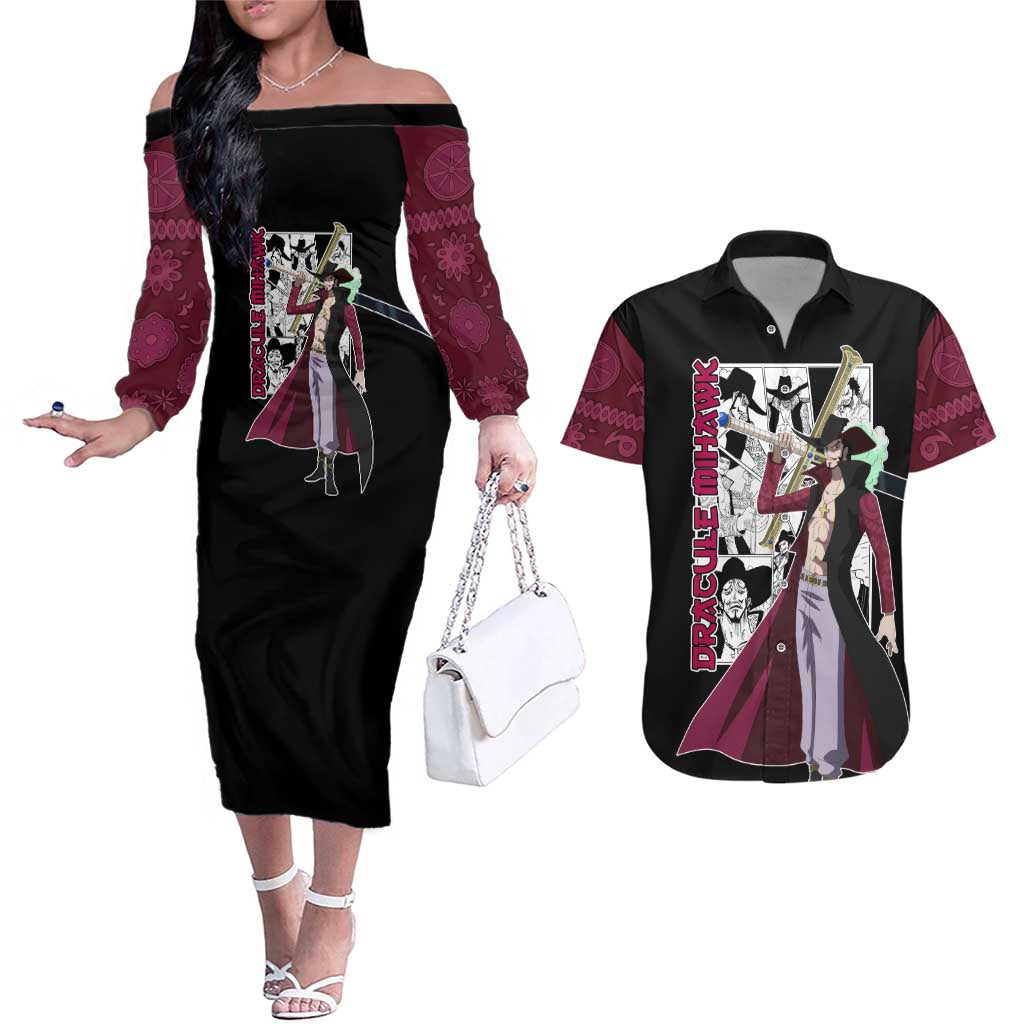 Dracule Mihawk - One Piece Couples Matching Off The Shoulder Long Sleeve Dress and Hawaiian Shirt Anime Mix Manga Style