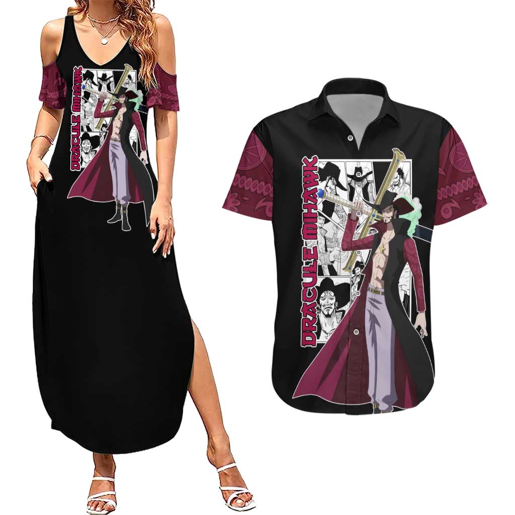 Dracule Mihawk - One Piece Couples Matching Summer Maxi Dress and Hawaiian Shirt Anime Mix Manga Style