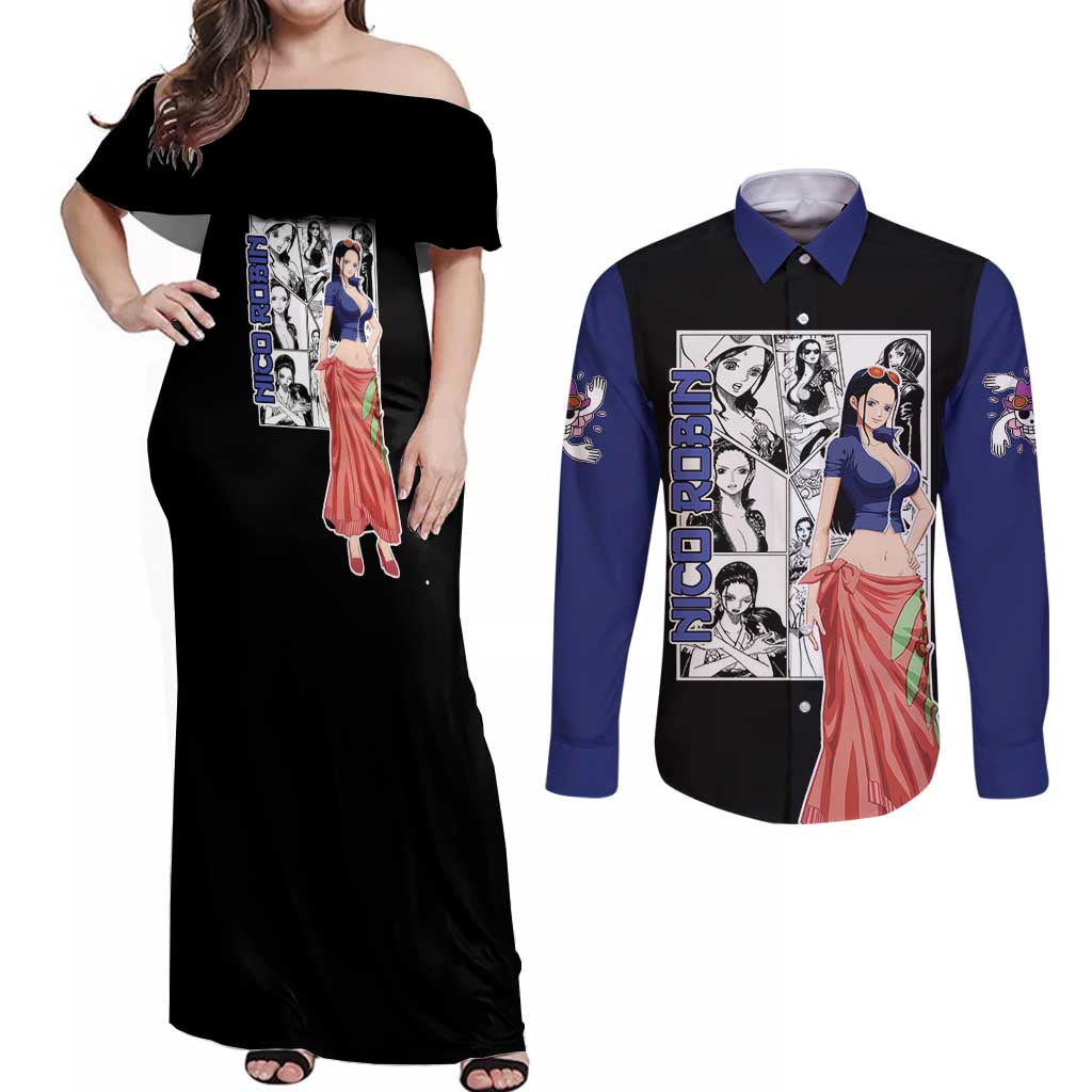 Nico Robin - One Piece Couples Matching Off Shoulder Maxi Dress and Long Sleeve Button Shirt Anime Mix Manga Style