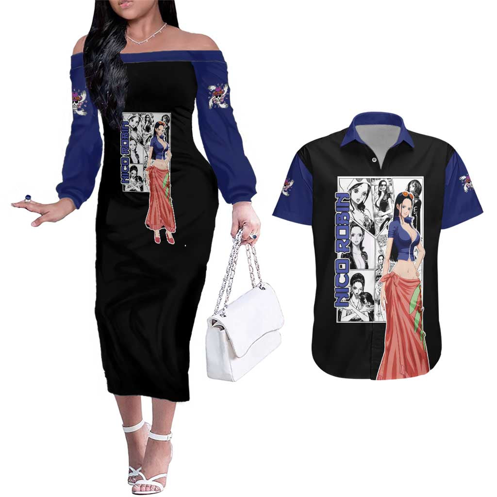 Nico Robin - One Piece Couples Matching Off The Shoulder Long Sleeve Dress and Hawaiian Shirt Anime Mix Manga Style