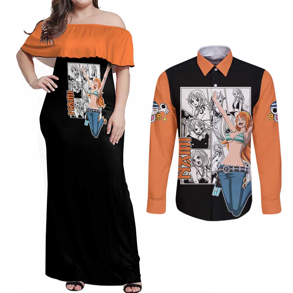 Nami - One Piece Couples Matching Off Shoulder Maxi Dress and Long Sleeve Button Shirt Anime Mix Manga Style