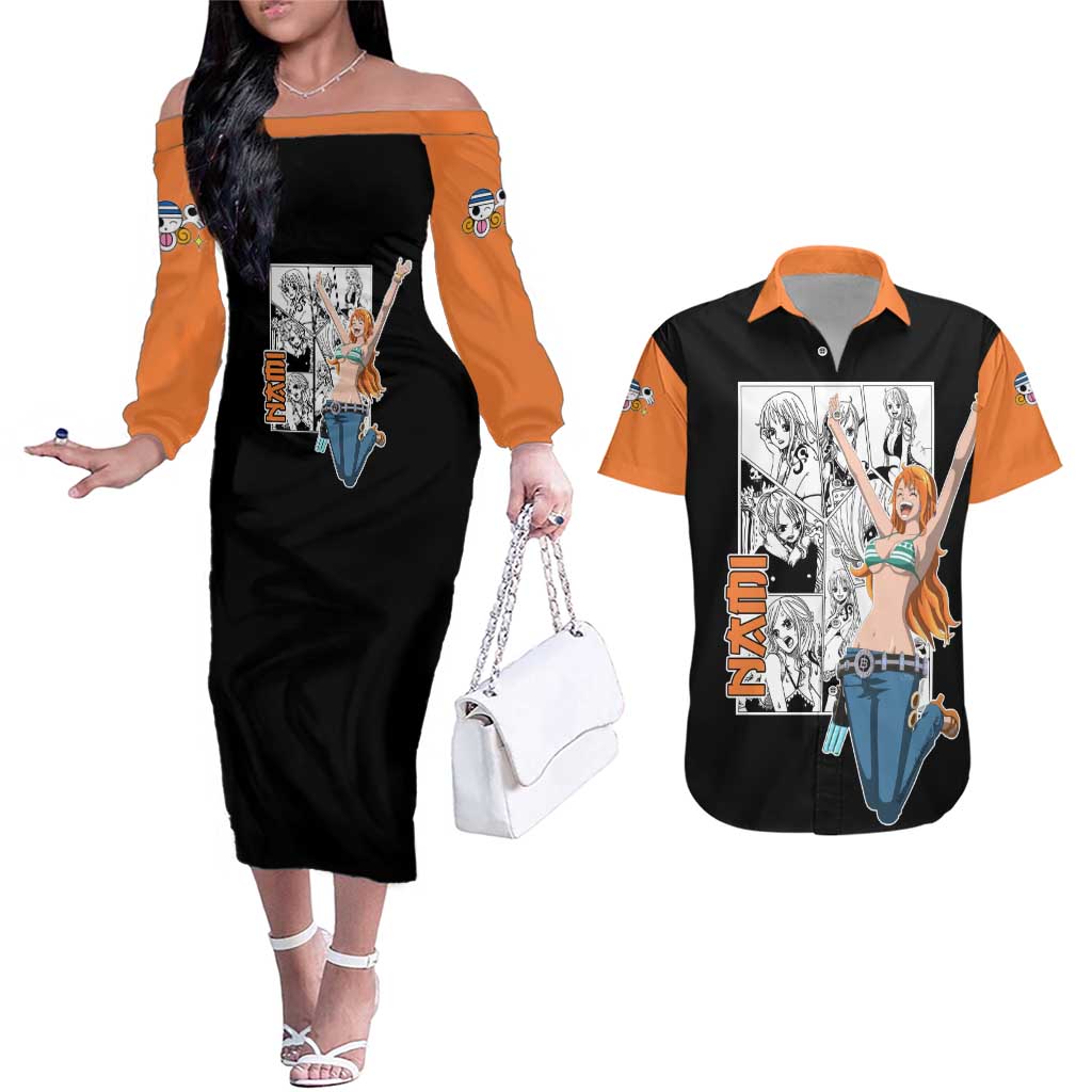 Nami - One Piece Couples Matching Off The Shoulder Long Sleeve Dress and Hawaiian Shirt Anime Mix Manga Style