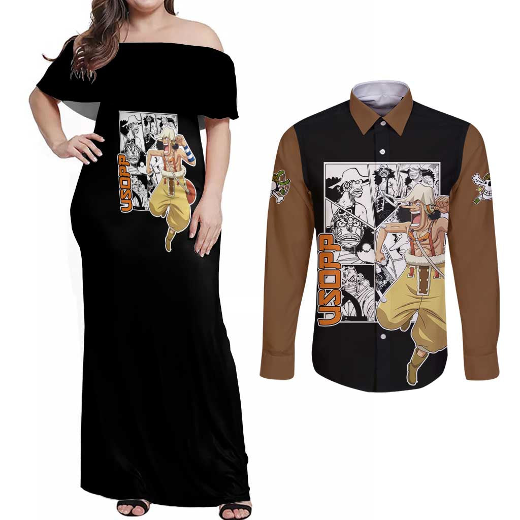 Usopp - One Piece Couples Matching Off Shoulder Maxi Dress and Long Sleeve Button Shirt Anime Mix Manga Style