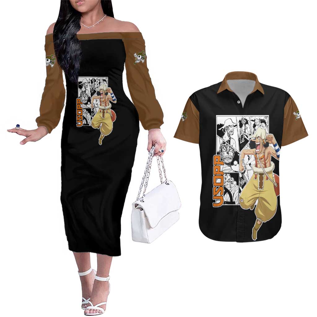 Usopp - One Piece Couples Matching Off The Shoulder Long Sleeve Dress and Hawaiian Shirt Anime Mix Manga Style