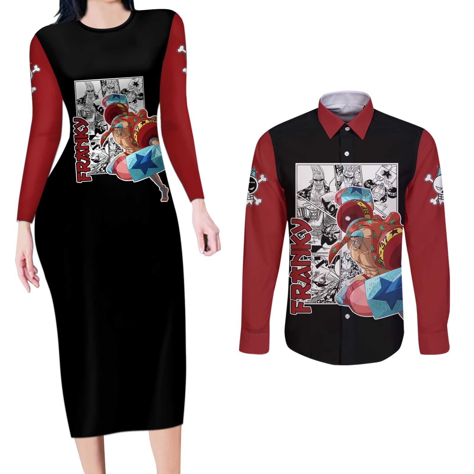 Franky - One Piece Couples Matching Long Sleeve Bodycon Dress and Long Sleeve Button Shirt Anime Mix Manga Style