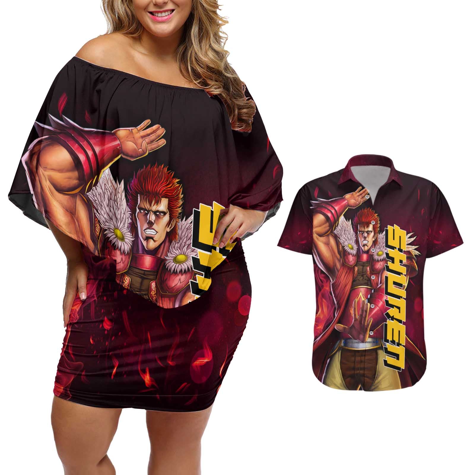 Shuren - Fist Of The North Star Couples Matching Off Shoulder Short Dress and Hawaiian Shirt Anime Style