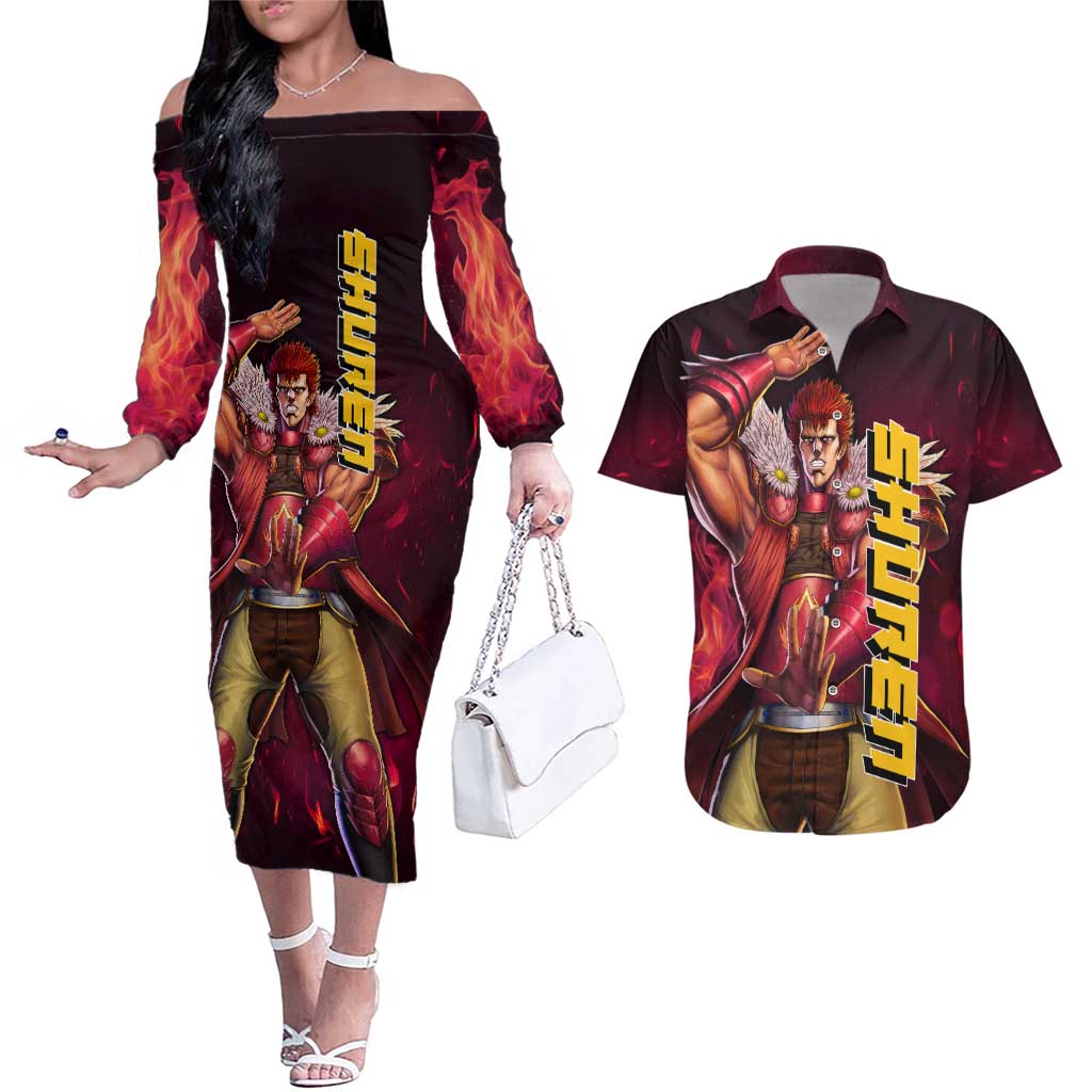 Shuren - Fist Of The North Star Couples Matching Off The Shoulder Long Sleeve Dress and Hawaiian Shirt Anime Style