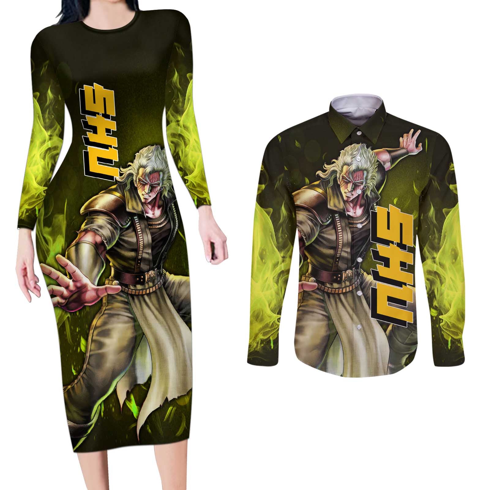 Shu - Fist Of The North Star Couples Matching Long Sleeve Bodycon Dress and Long Sleeve Button Shirt Anime Style