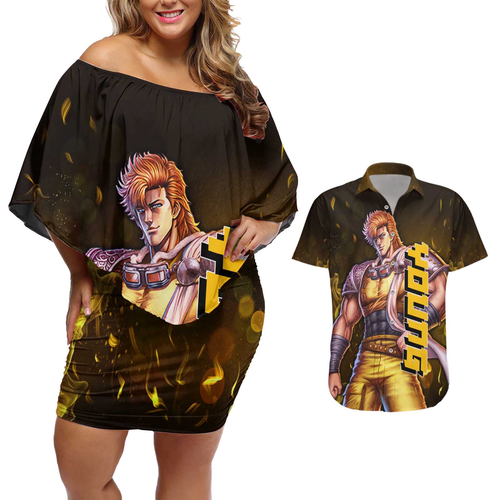 Young - Fist Of The North Star Couples Matching Off Shoulder Short Dress and Hawaiian Shirt Anime Style