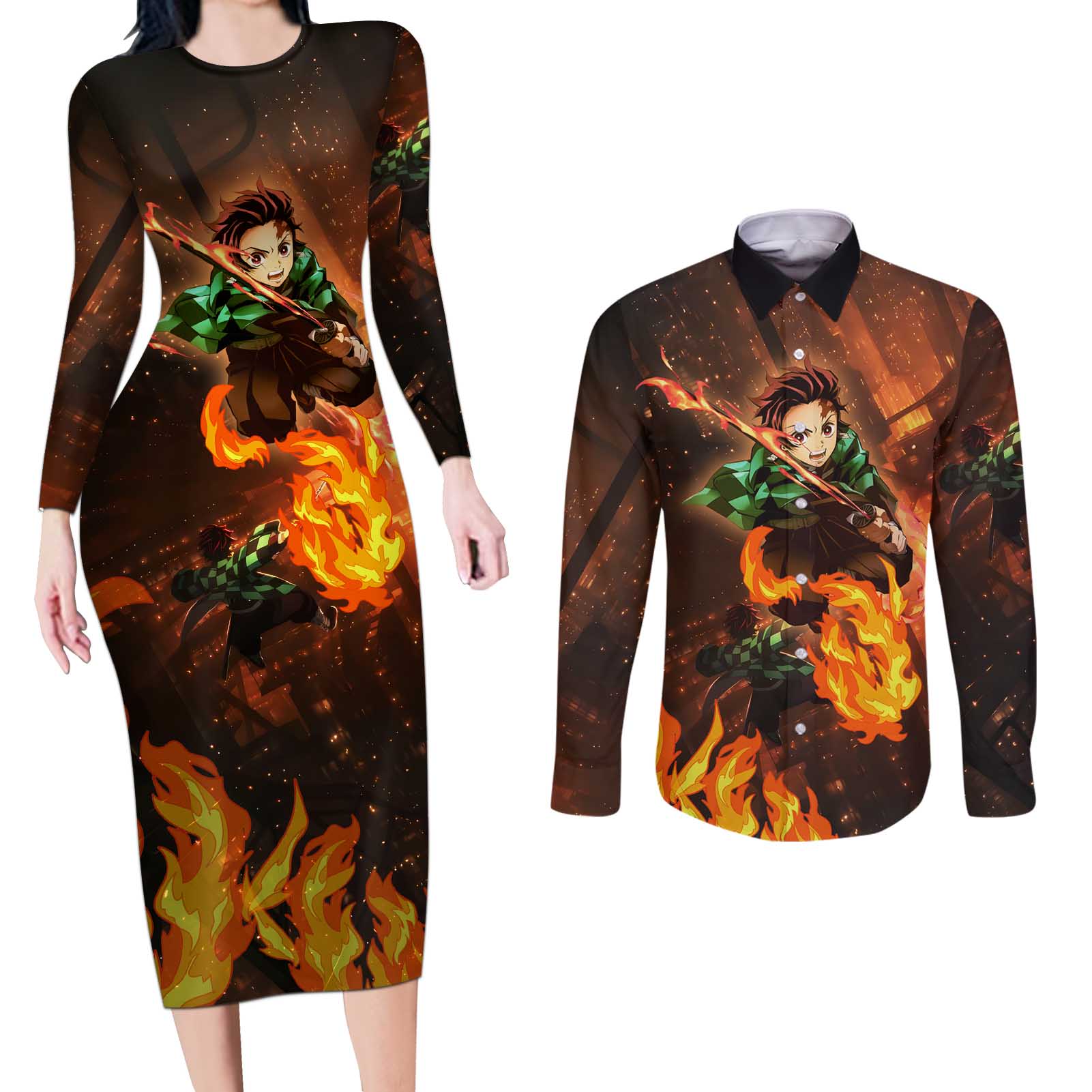 Kamado Tanjiro in Infinity Castle - Demon Slayer Couples Matching Long Sleeve Bodycon Dress and Long Sleeve Button Shirt Anime Style