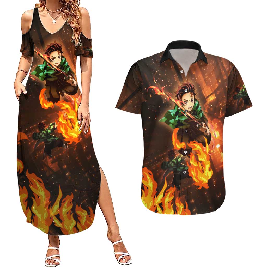 Kamado Tanjiro in Infinity Castle - Demon Slayer Couples Matching Summer Maxi Dress and Hawaiian Shirt Anime Style