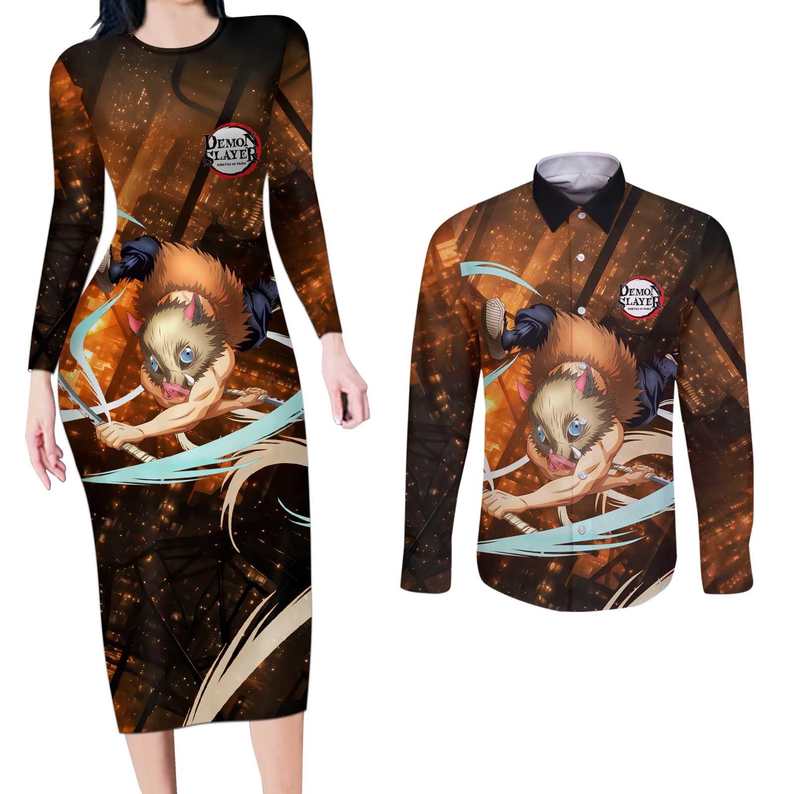 Inosuke - Infinity Castle - Demon Slayer Couples Matching Long Sleeve Bodycon Dress and Long Sleeve Button Shirt Anime Style