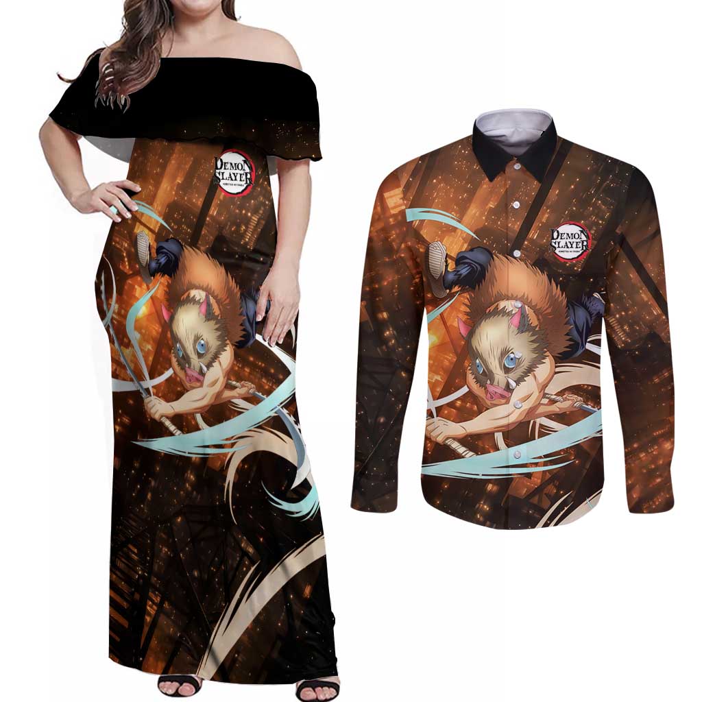 Inosuke - Infinity Castle - Demon Slayer Couples Matching Off Shoulder Maxi Dress and Long Sleeve Button Shirt Anime Style