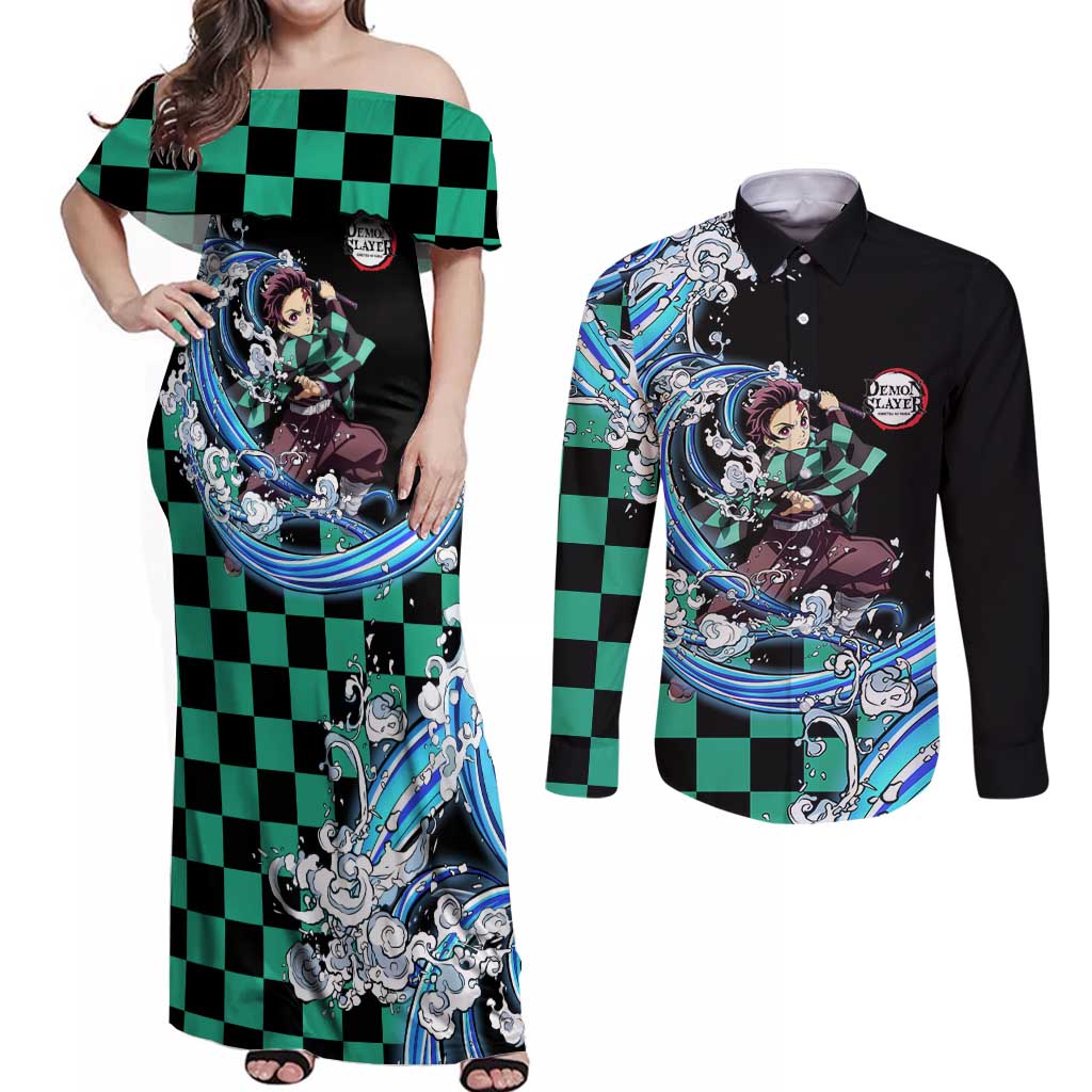 Tanjiro Kamado - Demon Slayer Couples Matching Off Shoulder Maxi Dress and Long Sleeve Button Shirt Anime Style