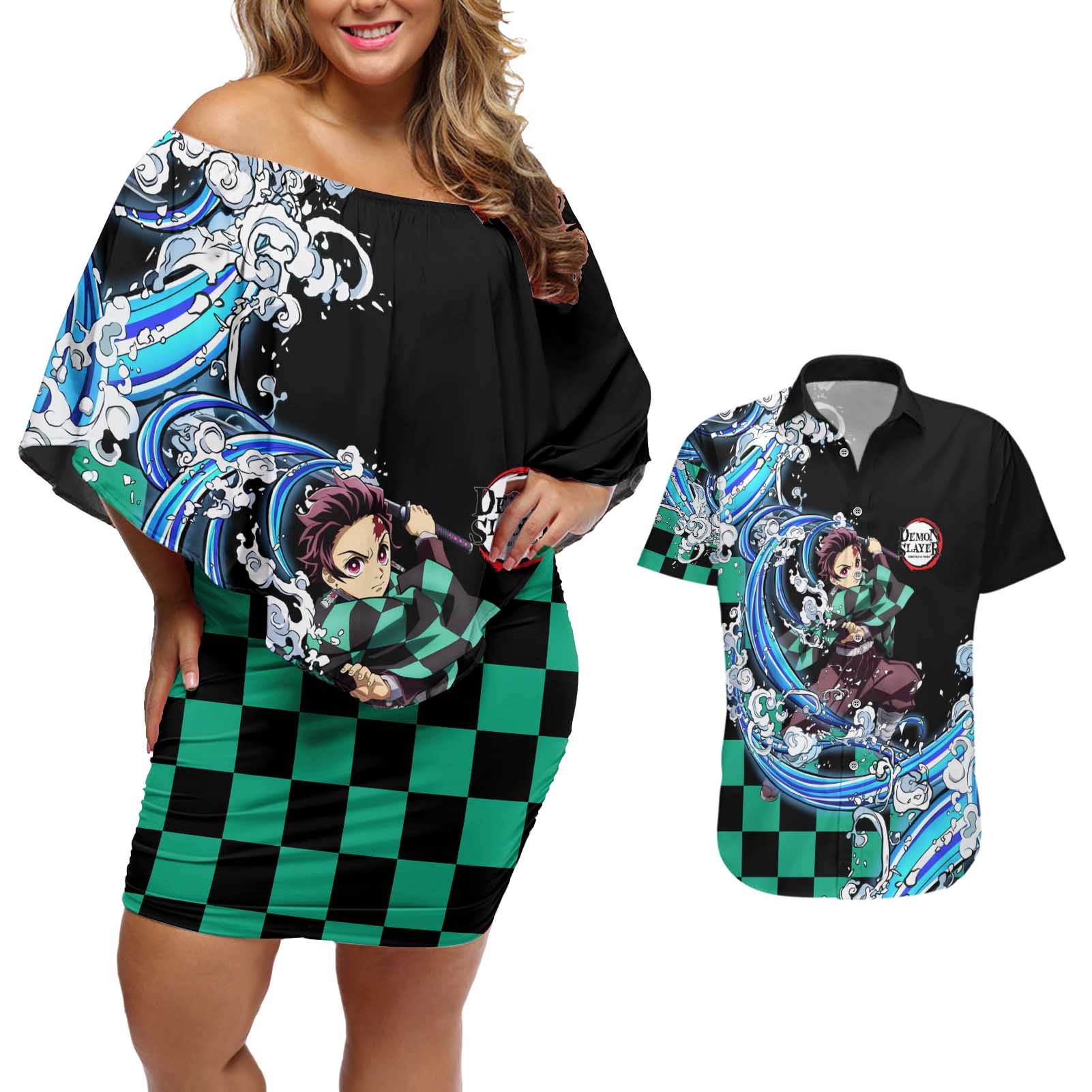 Tanjiro Kamado - Demon Slayer Couples Matching Off Shoulder Short Dress and Hawaiian Shirt Anime Style