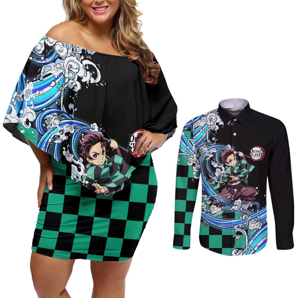 Tanjiro Kamado - Demon Slayer Couples Matching Off Shoulder Short Dress and Long Sleeve Button Shirt Anime Style