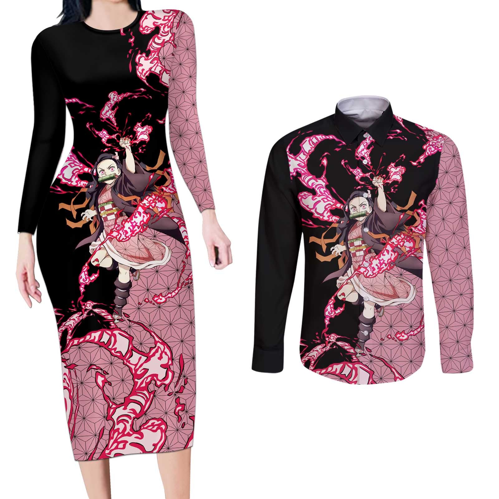 Nezuko Kamado - Demon Slayer Couples Matching Long Sleeve Bodycon Dress and Long Sleeve Button Shirt Anime Style